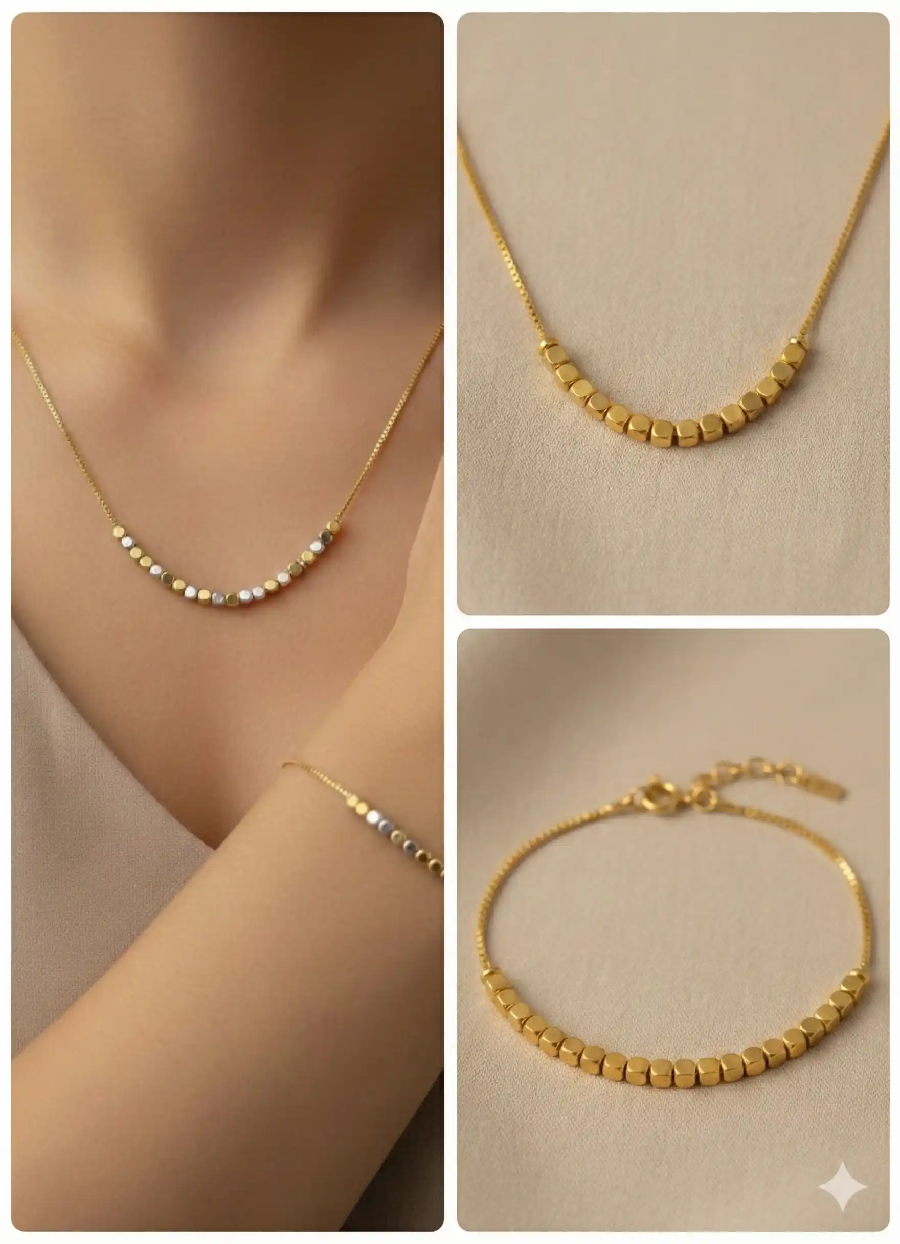 Celestia Dual-Tone Gold Bead 18 Inches Short Chain & Bracelet Set.png