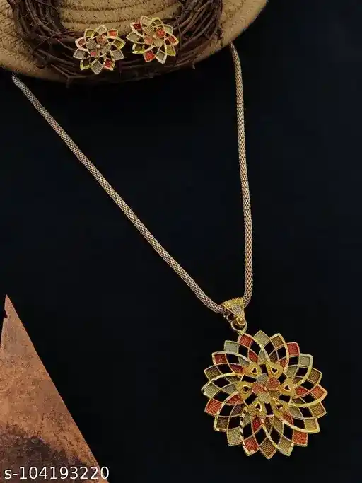 Multicoloured Designer High Gold Plated Pendent Chain With Beautiful Earrings.png