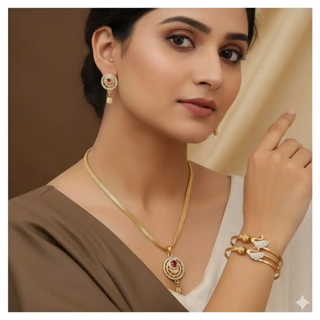 Micro Gold Plated Premium Quality Gold Plated And Diamond Studded Pendant with 18 Inches Chain with Adjustable Kadli Combo.png