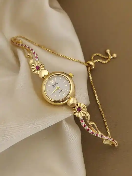 Gold Plated White Dial Floral Bracelet Watch For Women.png