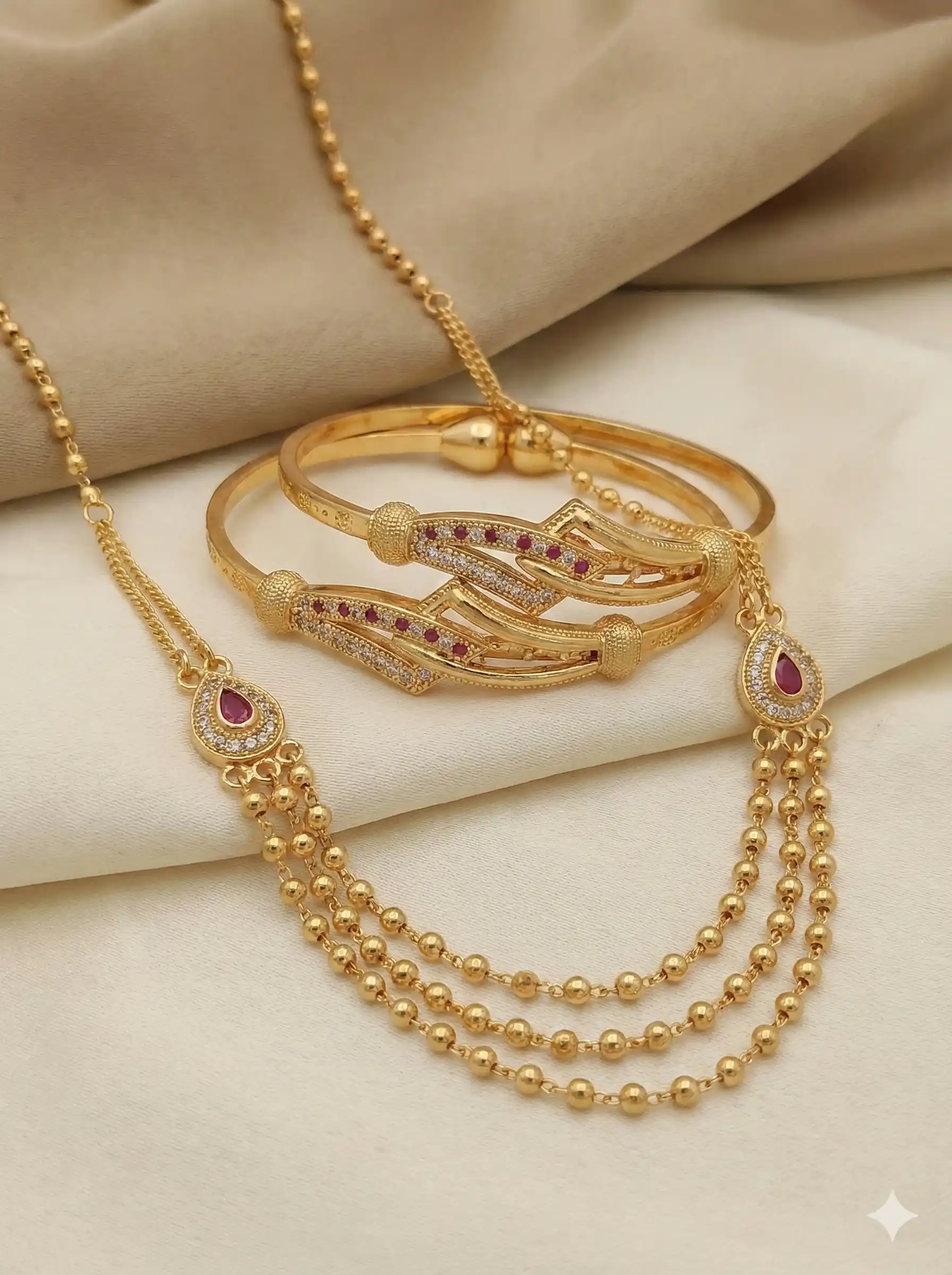 Elegant Ruby Drop Gold-Plated 3 leyer diamond chain & Bangle Combo.png
