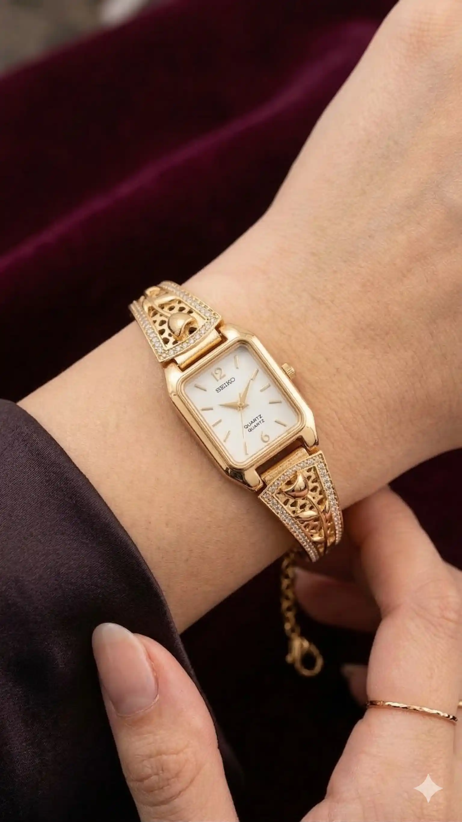Elegant Gold-Tone Crystal Studded Designer Adjustable Watch Bracelet.png