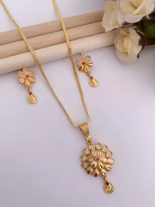 Micro Gold Plated AD Diamond Studded Fancy Flower Pendant Set with Chain.png