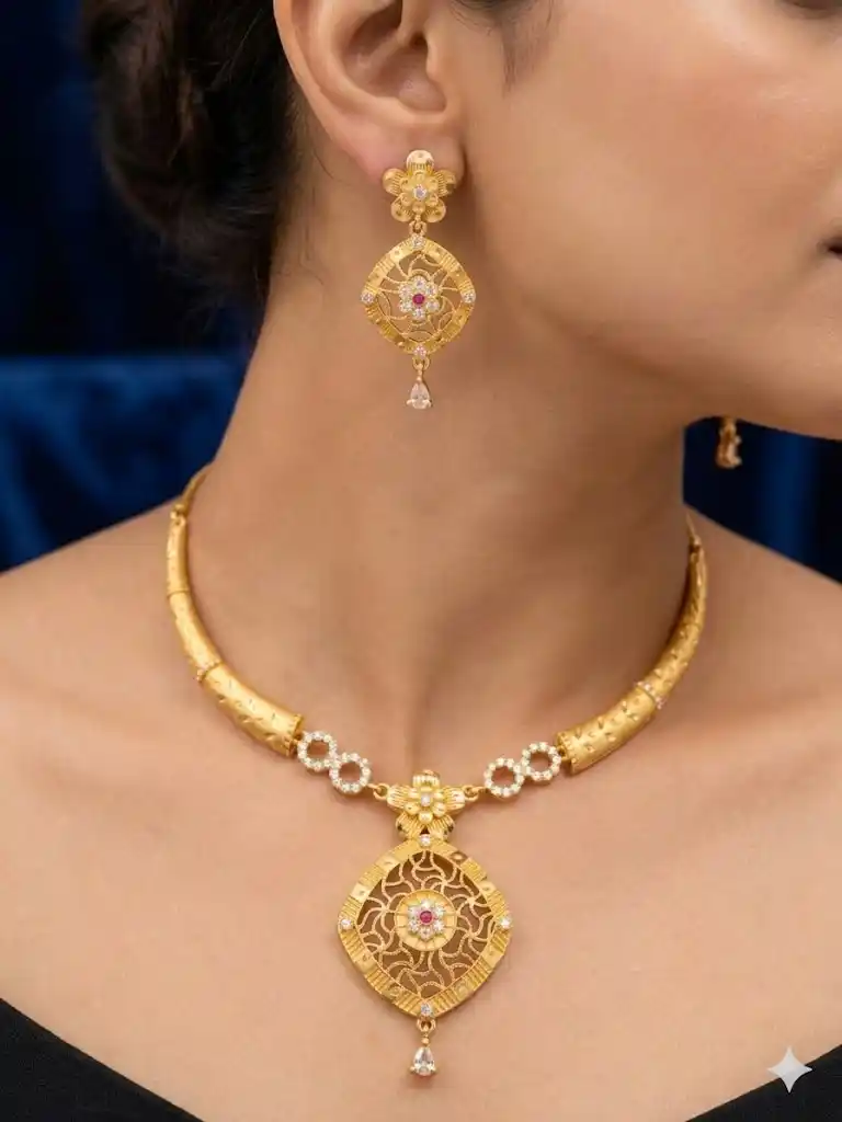 Royal Floral Filigree Micro Gold Plated And Stone Studded Pendant Set with Earrings.png