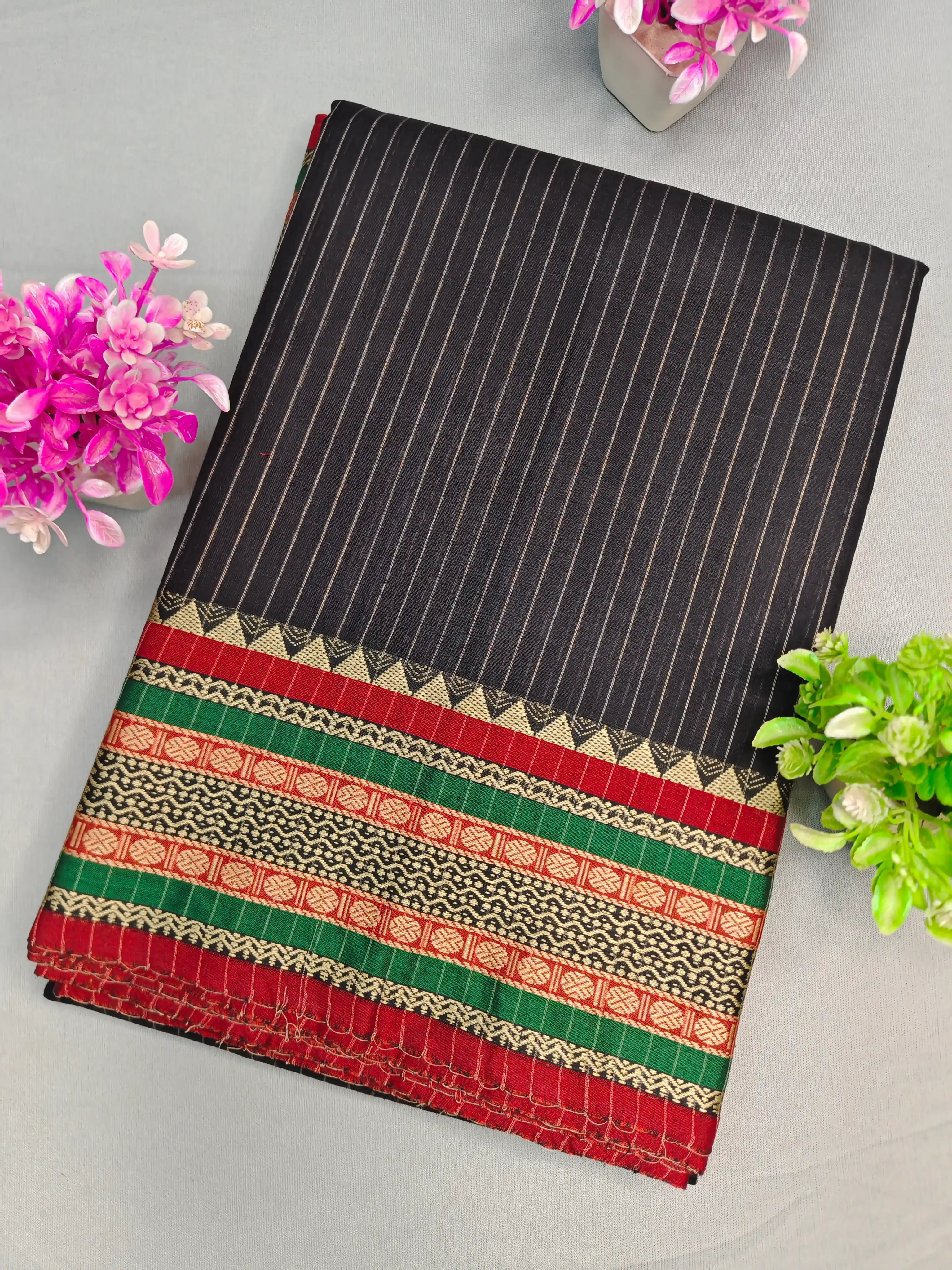 Black Pure Cotton Premium & Elegant Saree With Running Blouse For Women.png