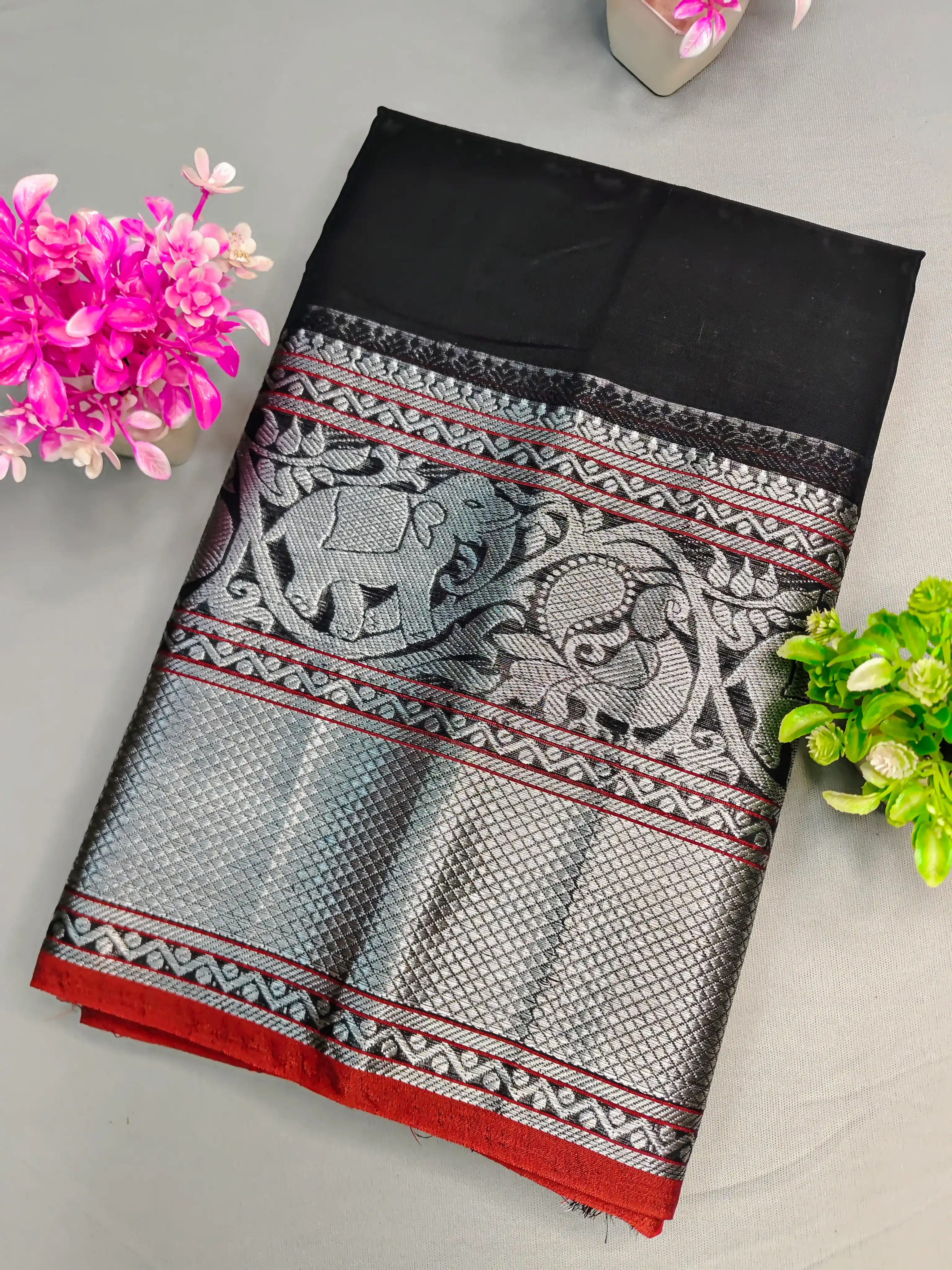 Black Pure Cotton Premium & Elegant Saree With Running Blouse For Women.png