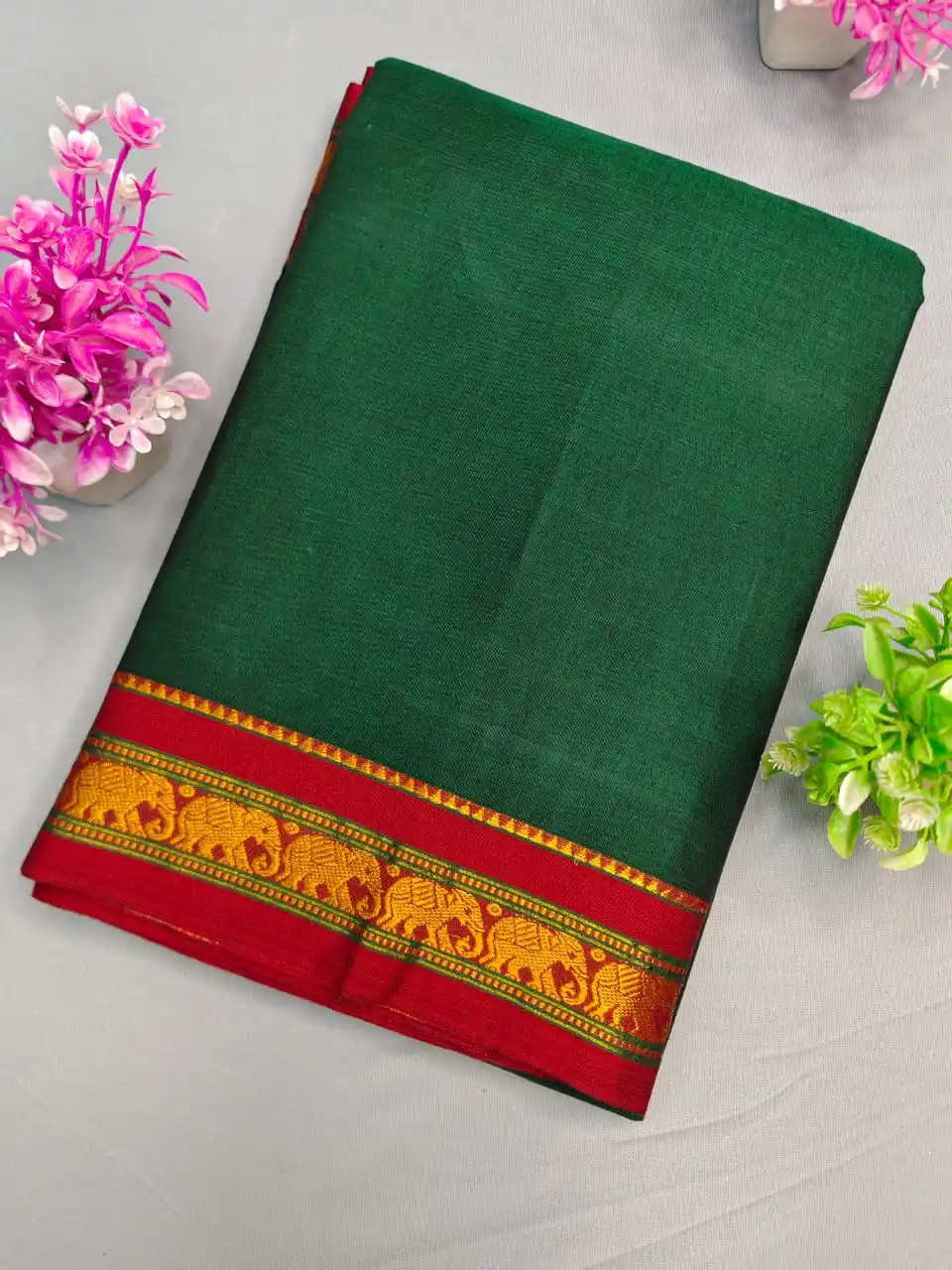 Bottle Green Elephant Border Narayanpet Cotton Saree.png