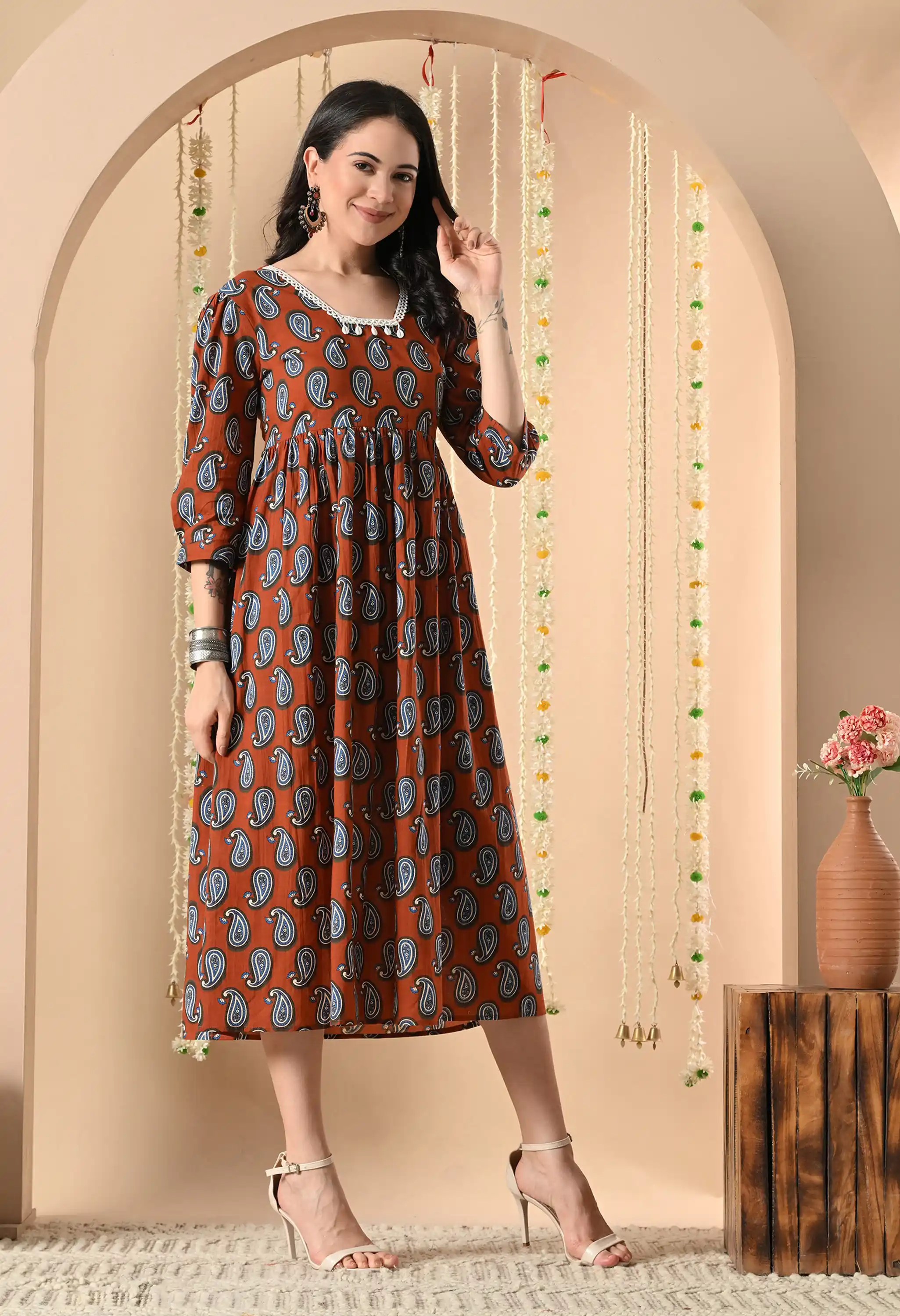 Amber Rust Neck Lace Detailing Classic Paisley Buti Print Women’s Ethnic Midi Dress.png