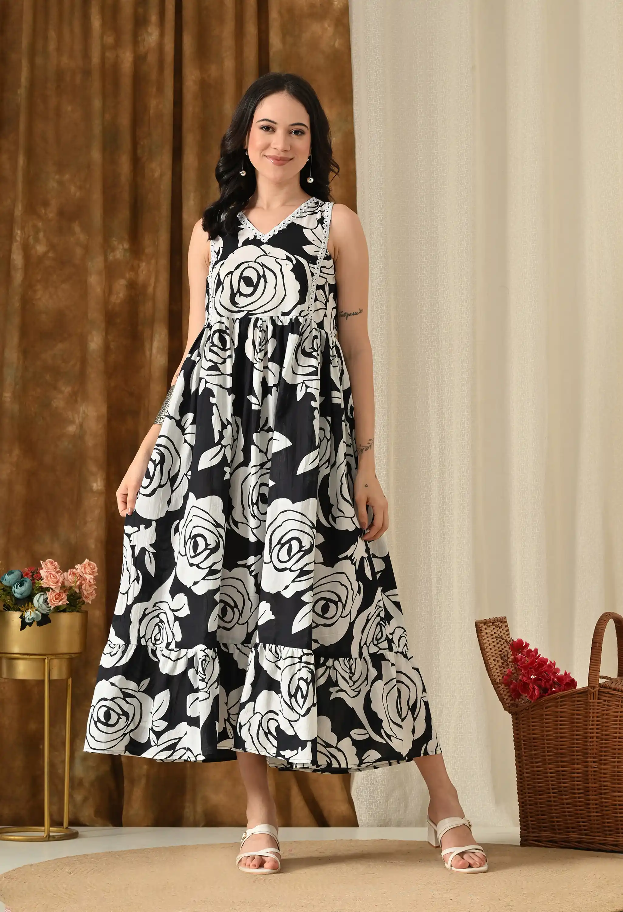 Midnight Black with Ivory Roses Digital Floral Printed Women’s Floral Printed Maxi Dress.png