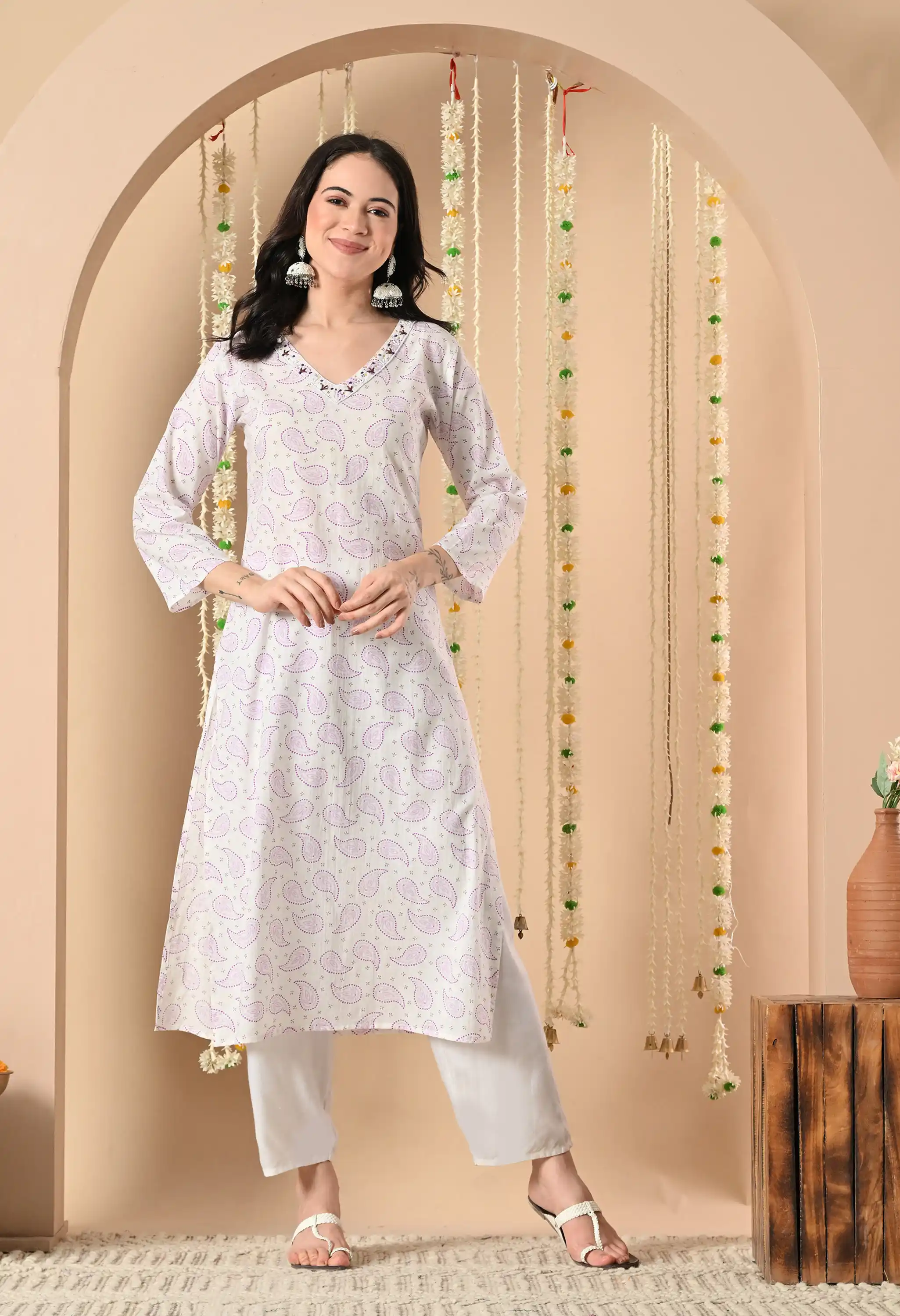 Off-White thread work or embroidery floral motifs Printed Cotton Kurta with Trousers or a Kurta Pant Set.png
