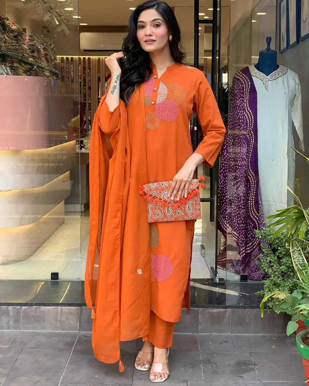 Burnt Orange Contemporary Patch & Stitch Work Women’s Kurta Pant Set with Dupatta.png