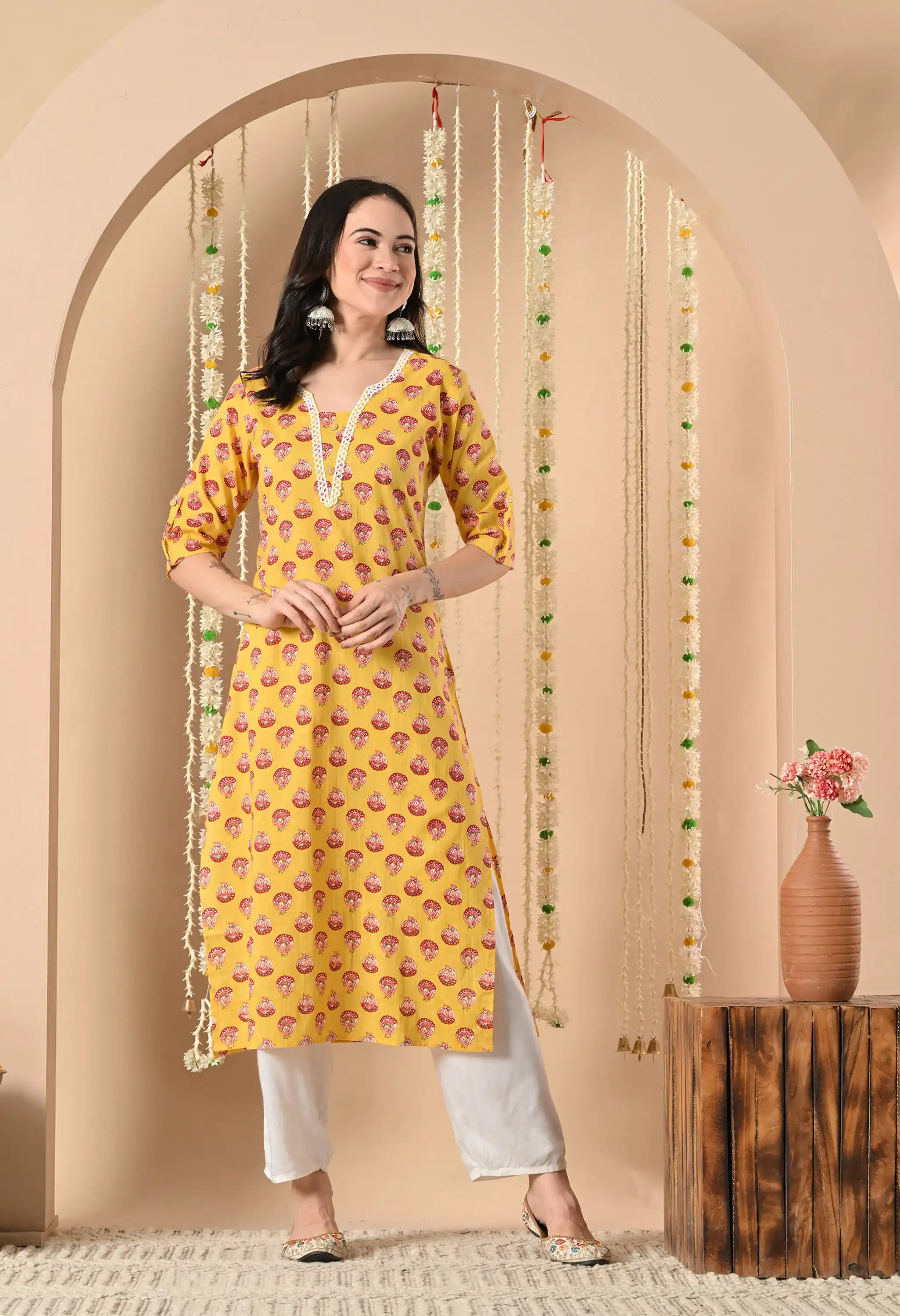 Mustard Yellow hand block printing thread work or lace detailing Woman's Printed Kurta.png