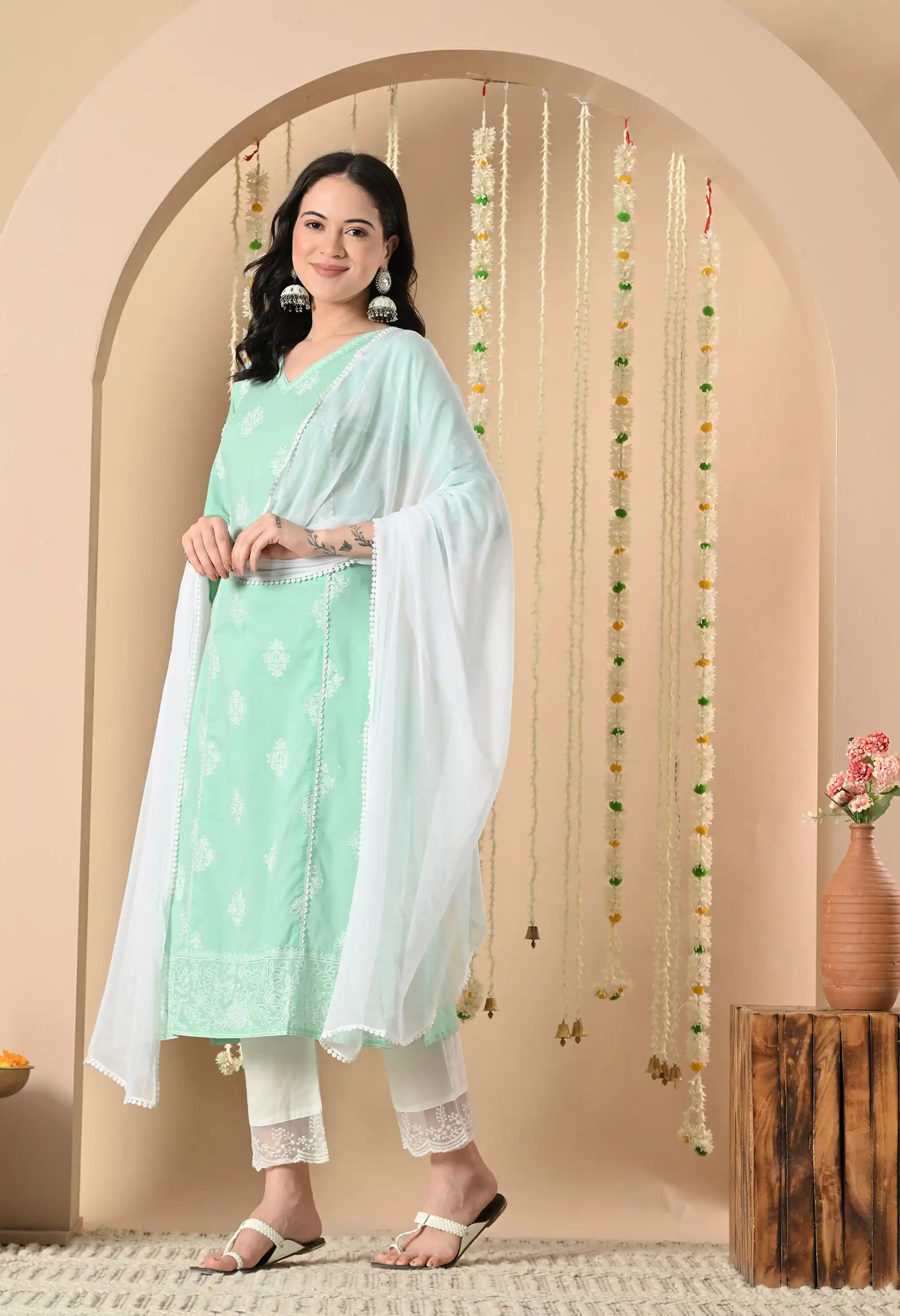 Green white Cotton Printed Kurta Pant Dupatta Set.png