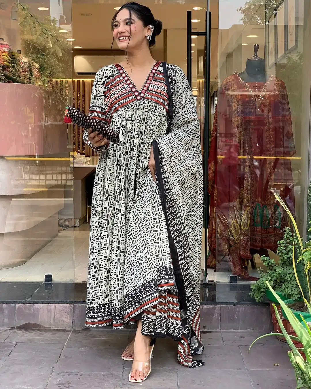 Ivory Sand with Rust & Black Accents Tribal Block Grid Print Kurta Pant With Dupatta.png