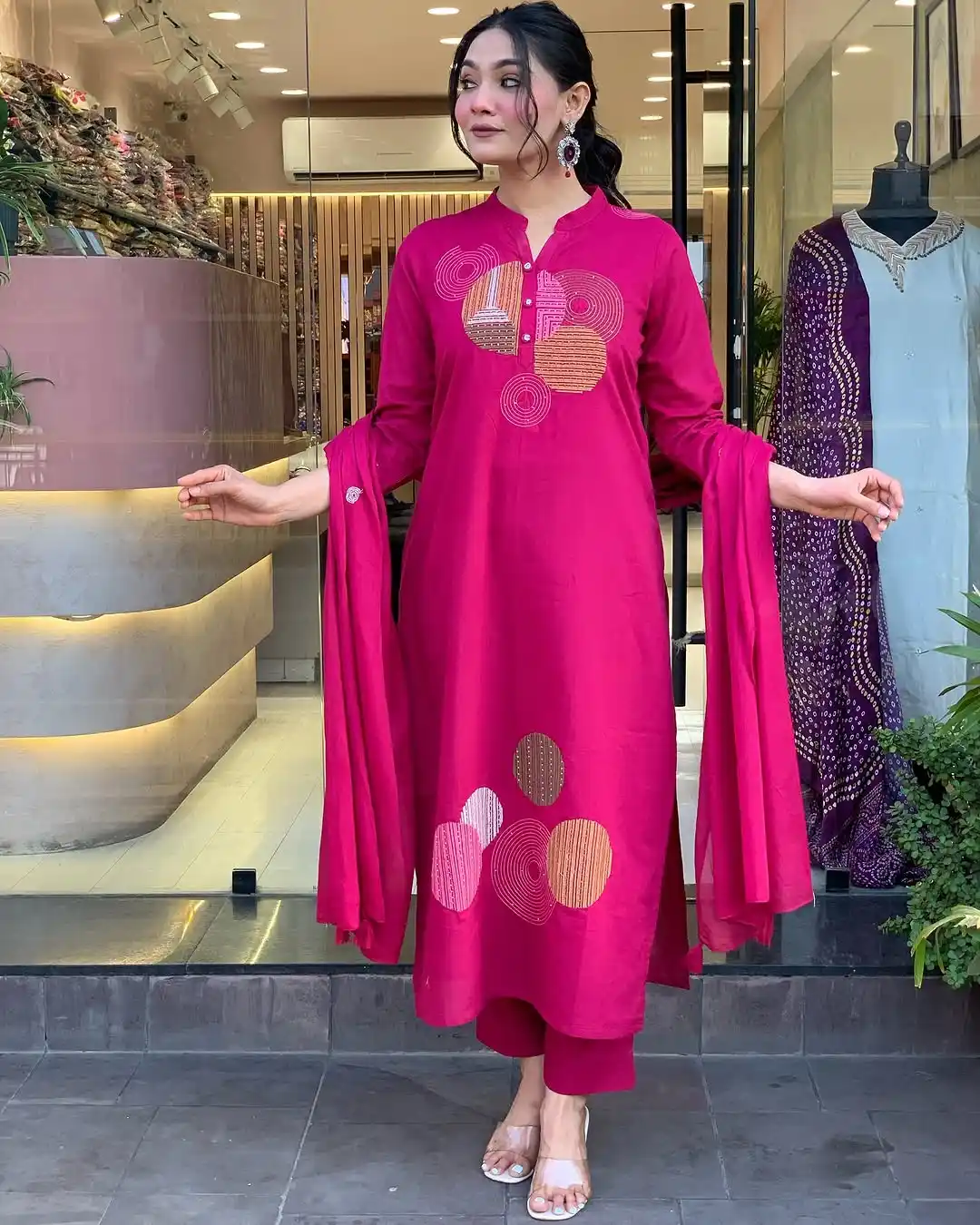 Magenta Rose Embroidery Work Straight-Cut Kurta and Pant With Dupatta Set.png