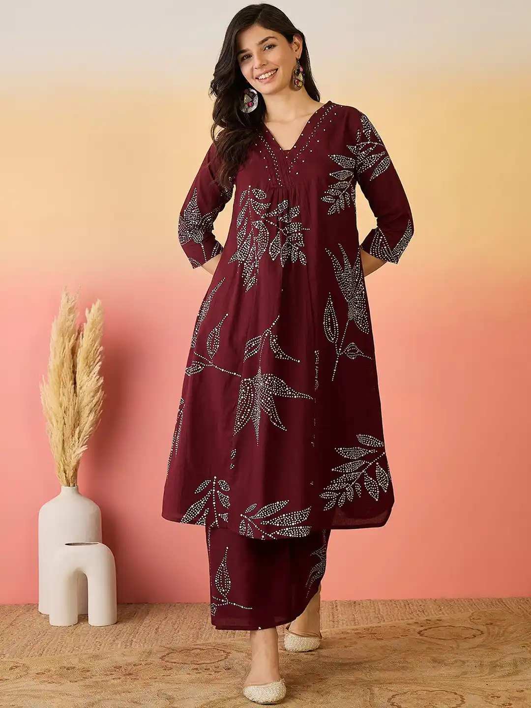Maroon Plum Foil Print Women’s Printed Kurta with Matching Palazzo Set .png