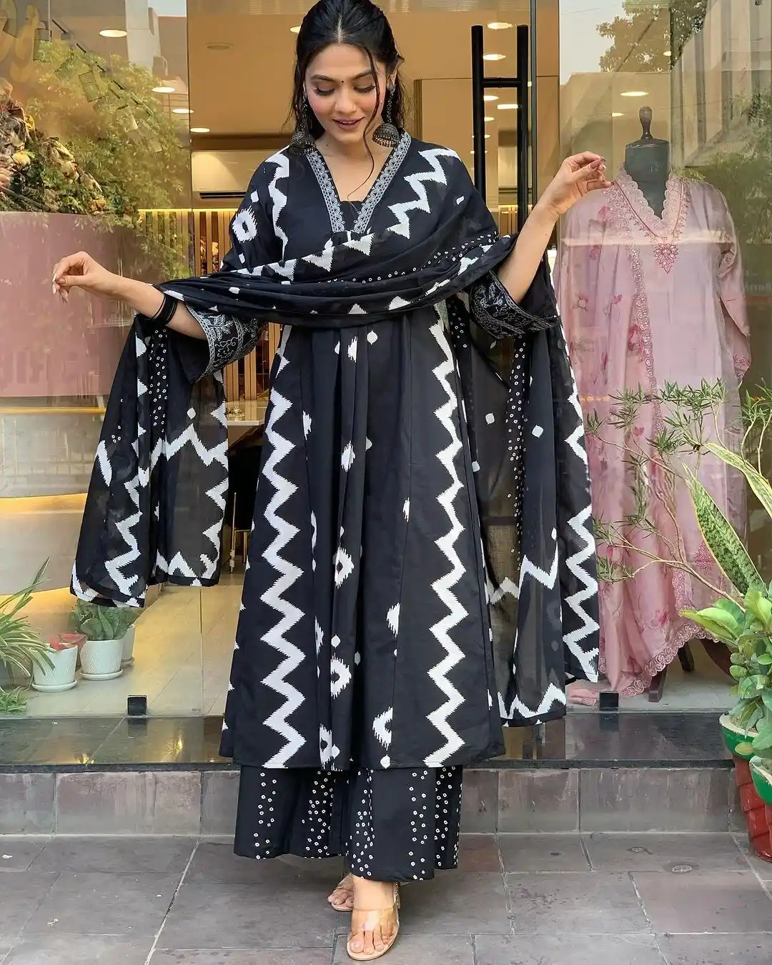 Midnight Chevron Grace Ensemble Ethnic Handloom-Inspired Ikat Kurta with Palazzo & Dupatta Set.png