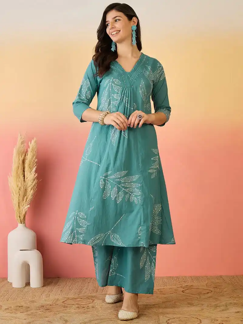 Mystic Teal Handcrafted Dabu-Inspired Leaf Motif Print Women’s Printed Kurta Set (Flared Kurta with Straight Pants).png