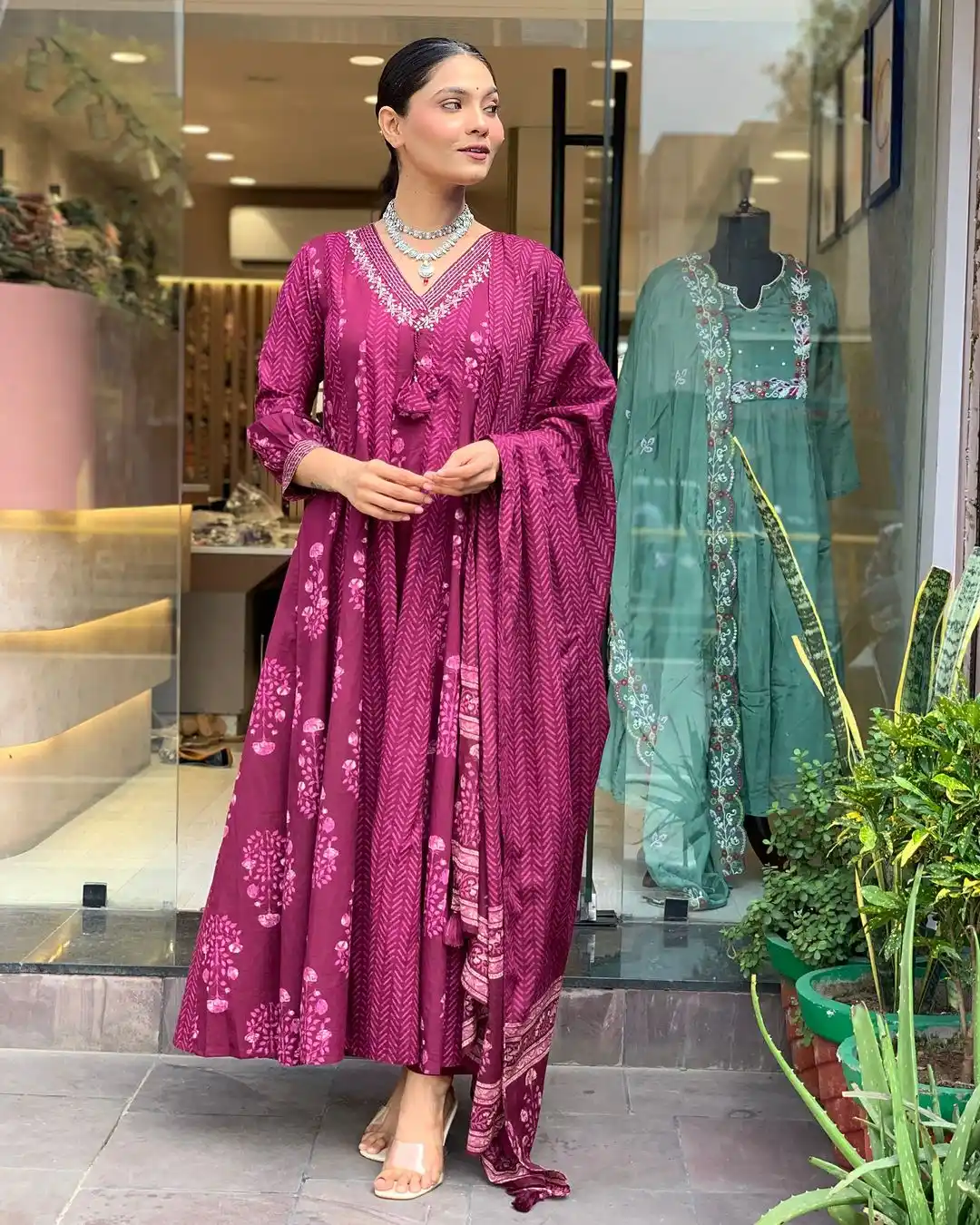 Royal Mulberry Wine Floral Booti with Chevron Leheriya Panels Kurta and Pant With Dupatta.png