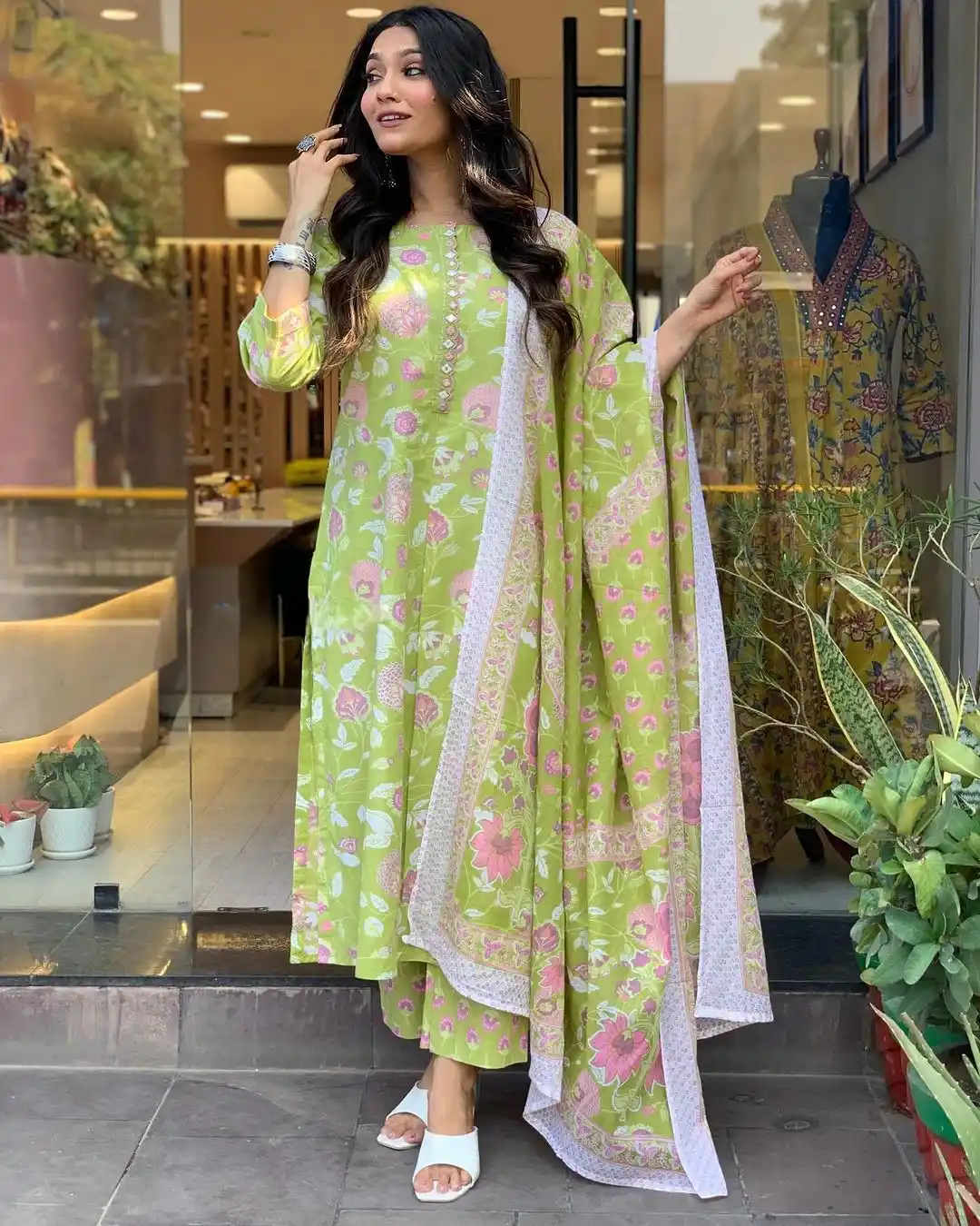 Spring Parrot Green Mughal Garden Floral Print Handcrafted Fabric Buttons Work Kurta and Pant With Dupatta.png