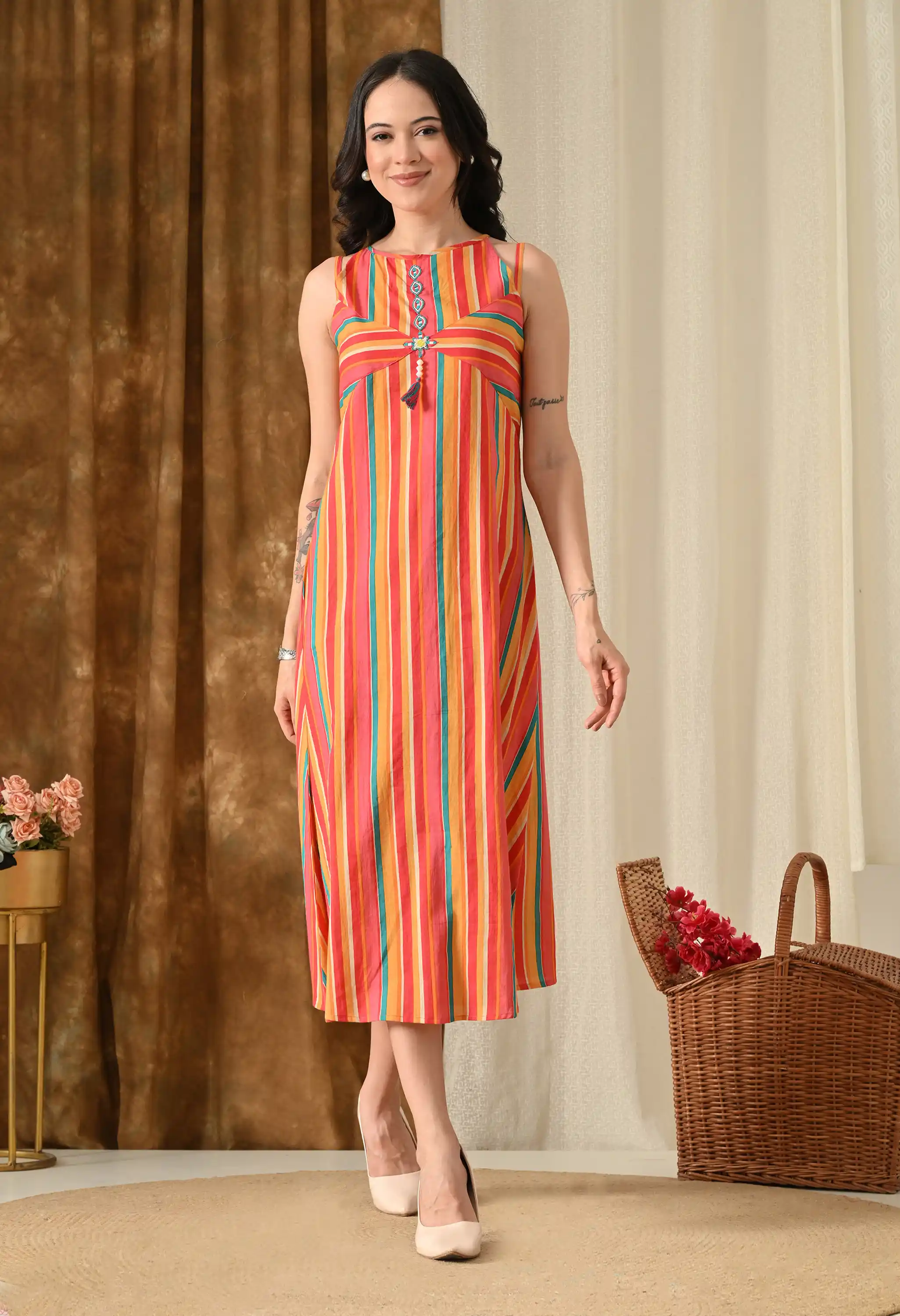 Sunset Fiesta Handcrafted Neck Embellishment Multicolor Stripe Print Sleeveless Straight Kurti.png