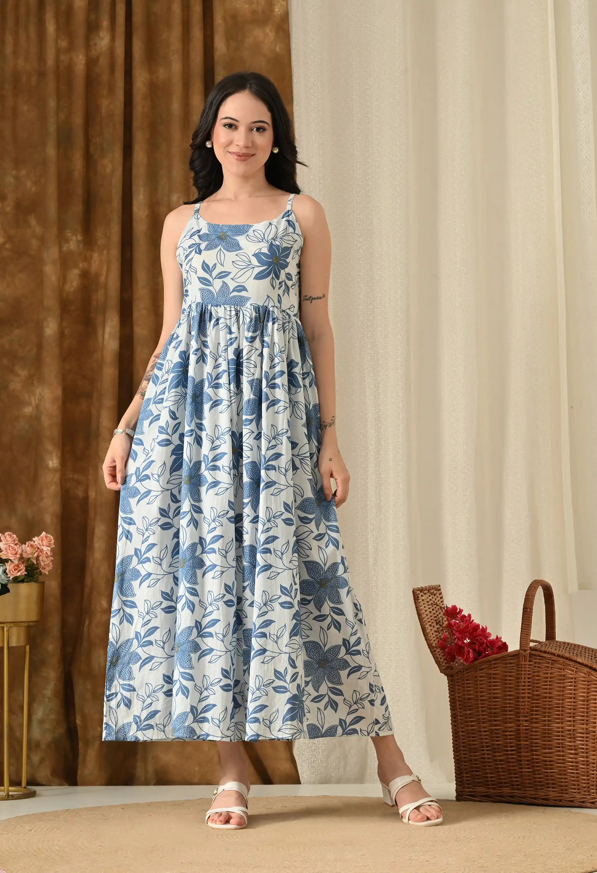 Ivory Sky Blue Indigo Floral Vine Print Women’s Floral Midi Dress .png