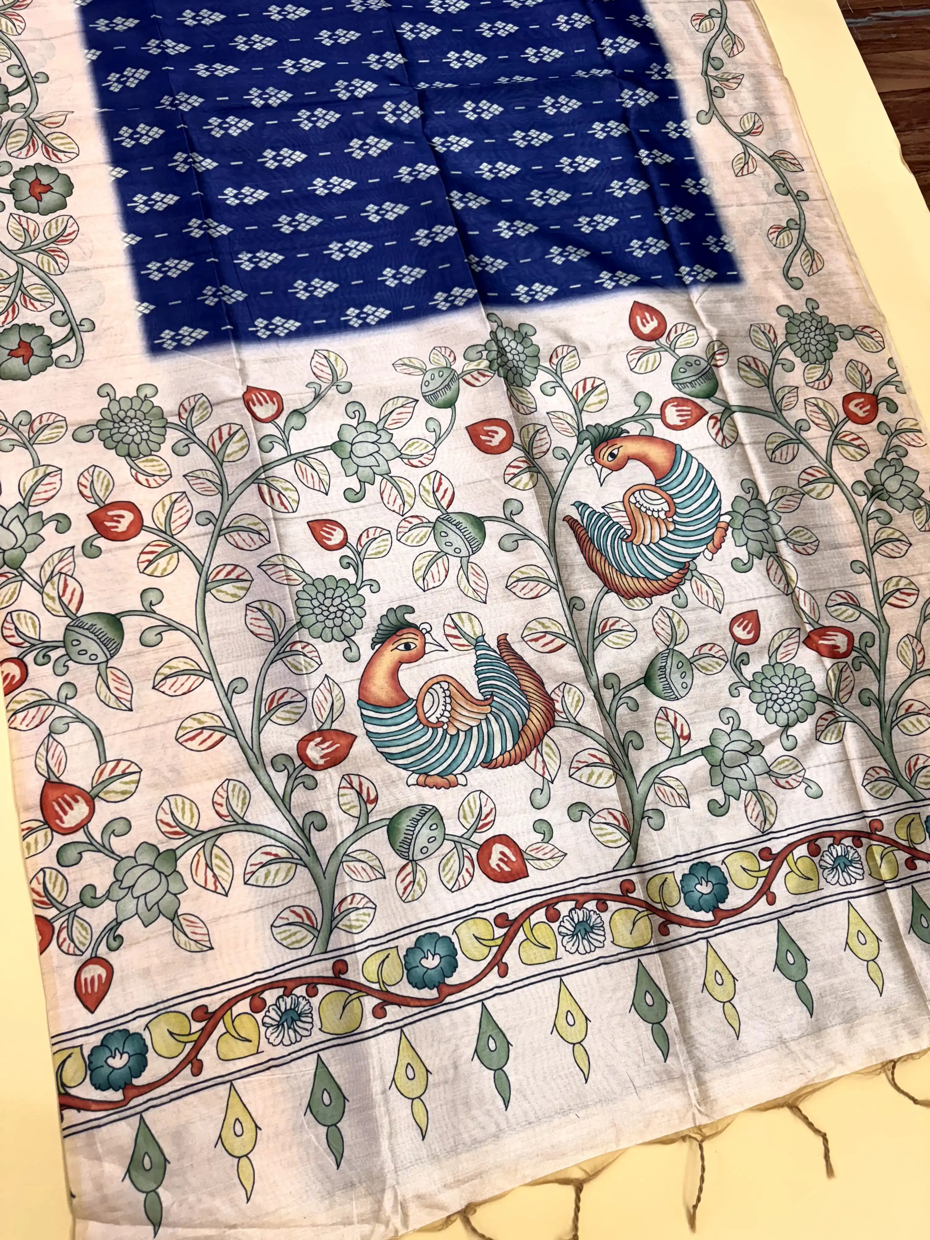 Tussar Silk Kalamkari Printed Pallu - BLUE.png