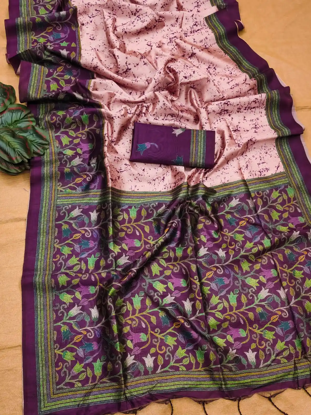 Soft Tussar Silk Saree with beautiful floral print - WINE.png