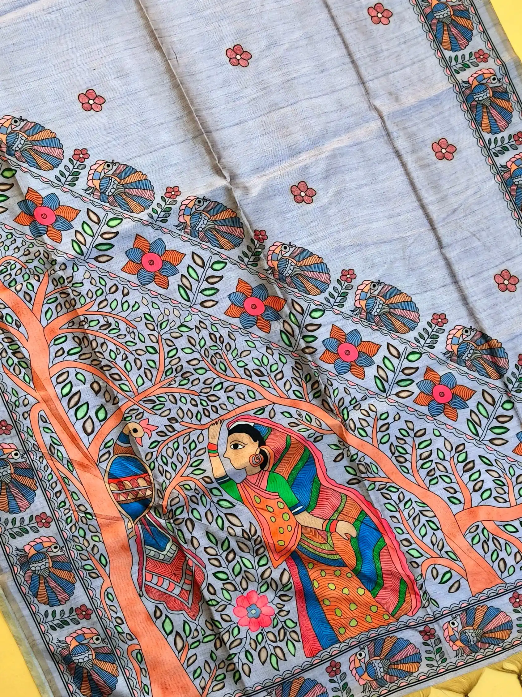 Tussar Silk Saree Kalamkari Printed Pallu - GREY.png
