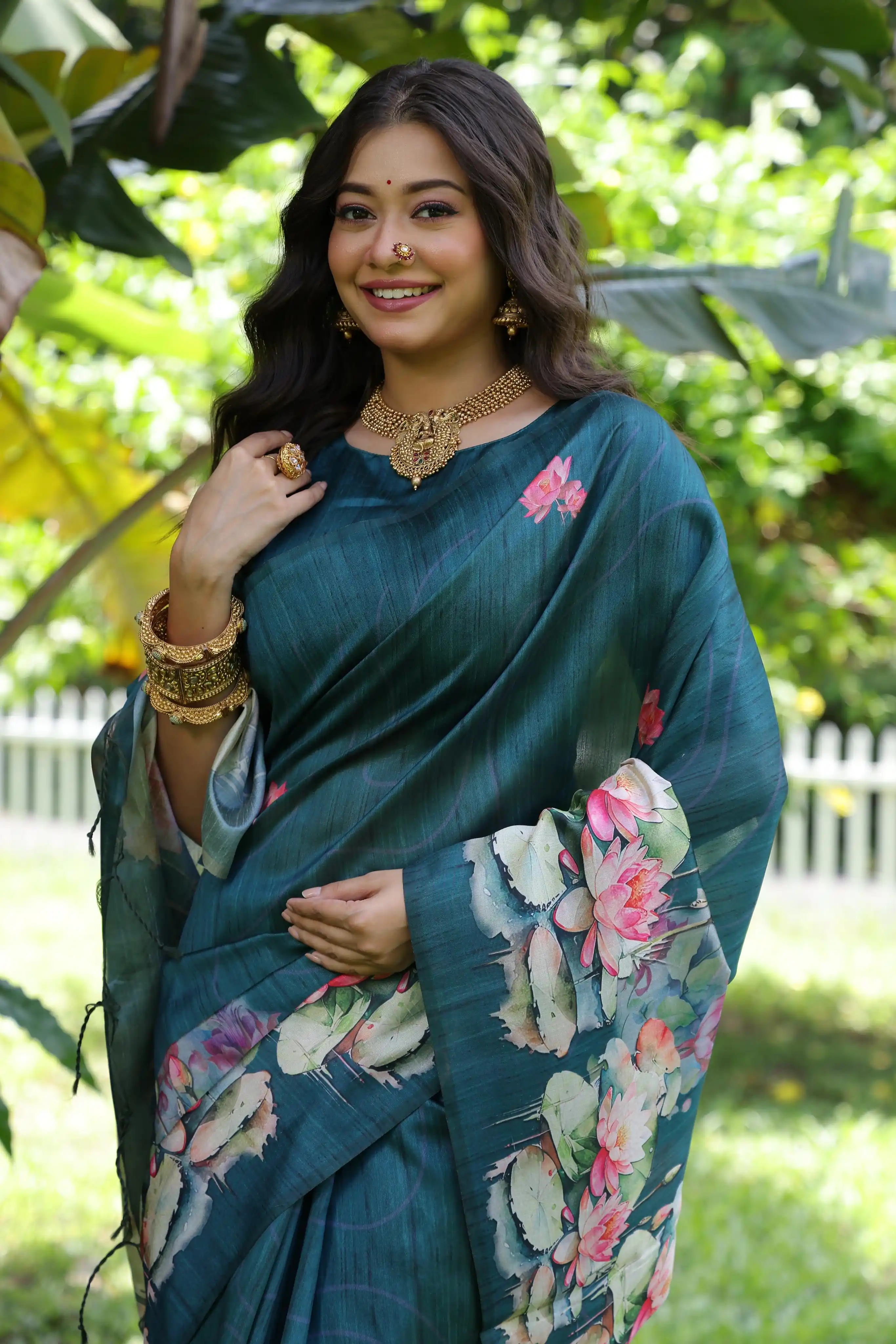 Soft Tussar Silk Saree withÂ LotusÂ Print - RAMA.png