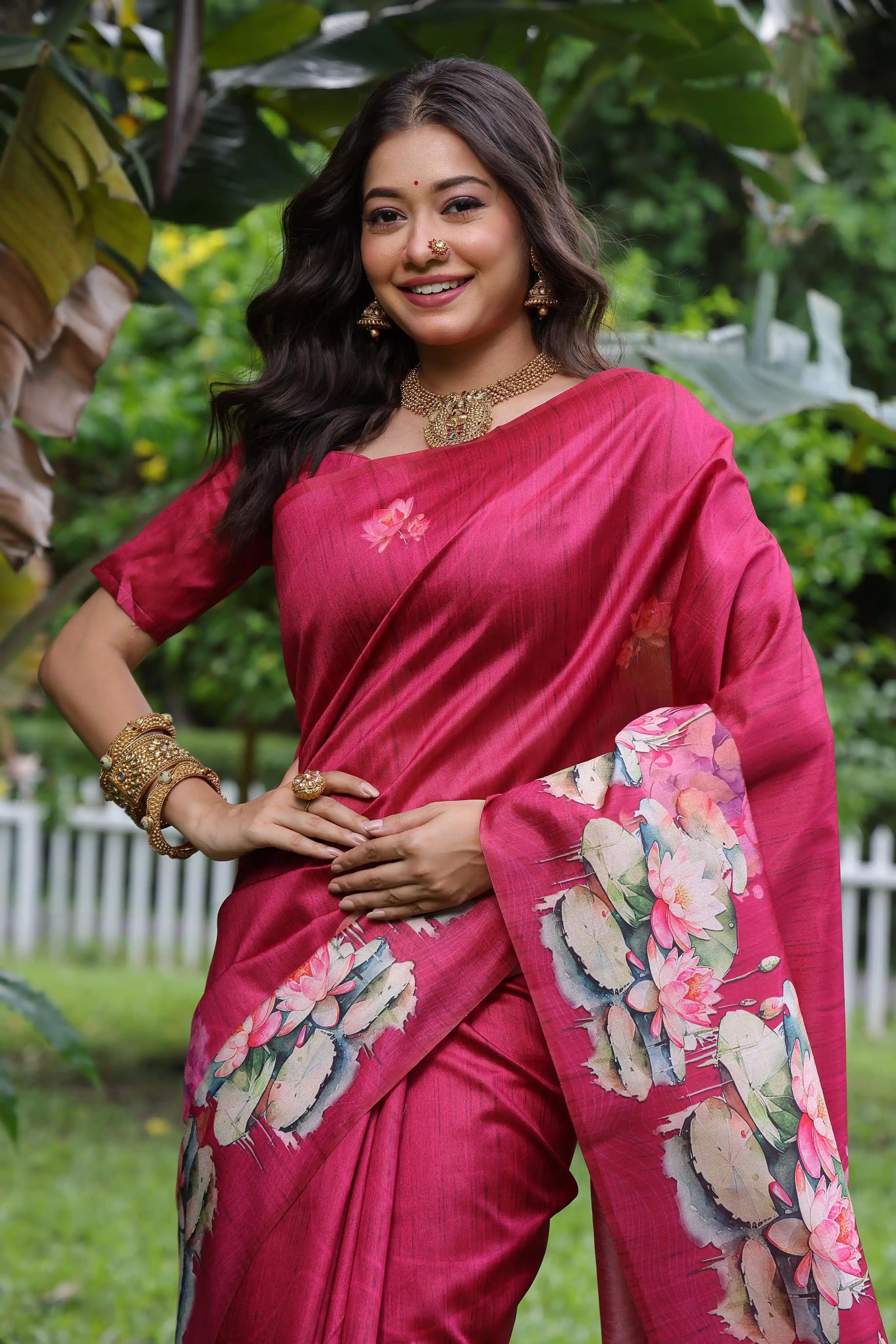 Soft Tussar Silk Saree withÂ LotusÂ Print - PINK.png