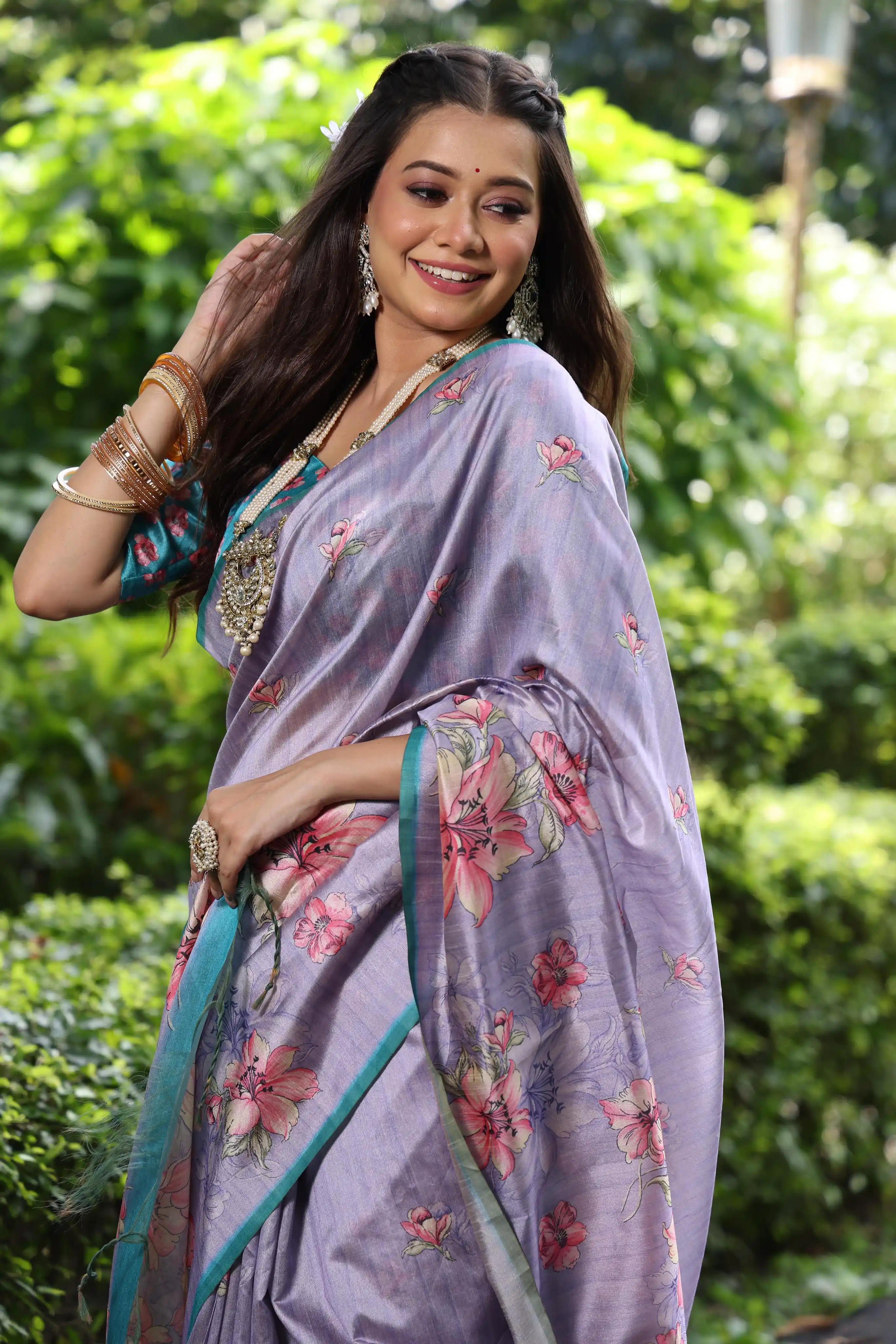 Soft Tussar Silk Saree withÂ FloralÂ Print - PURPLE.png