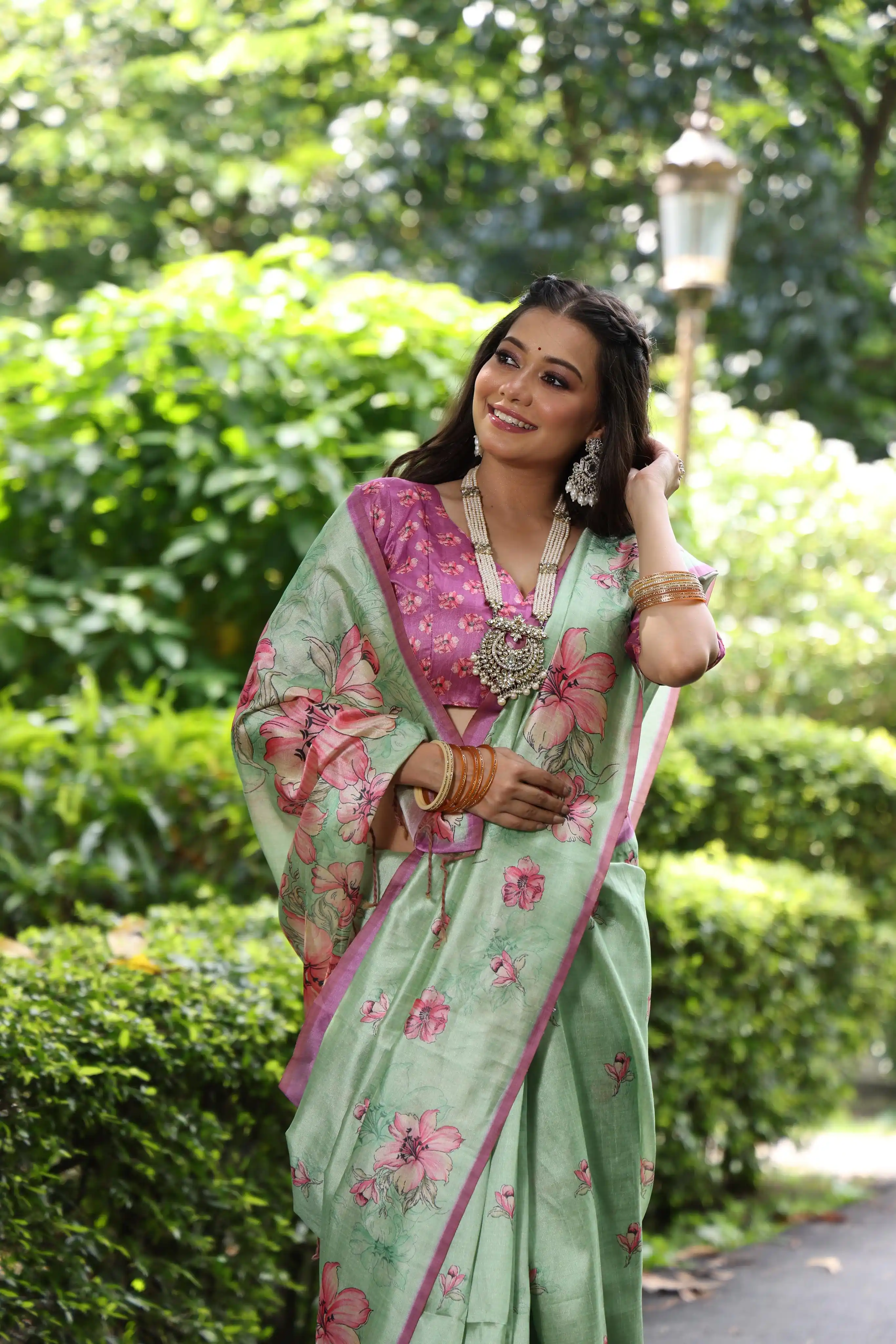 Soft Tussar Silk Saree withÂ FloralÂ Print - PISTA.png