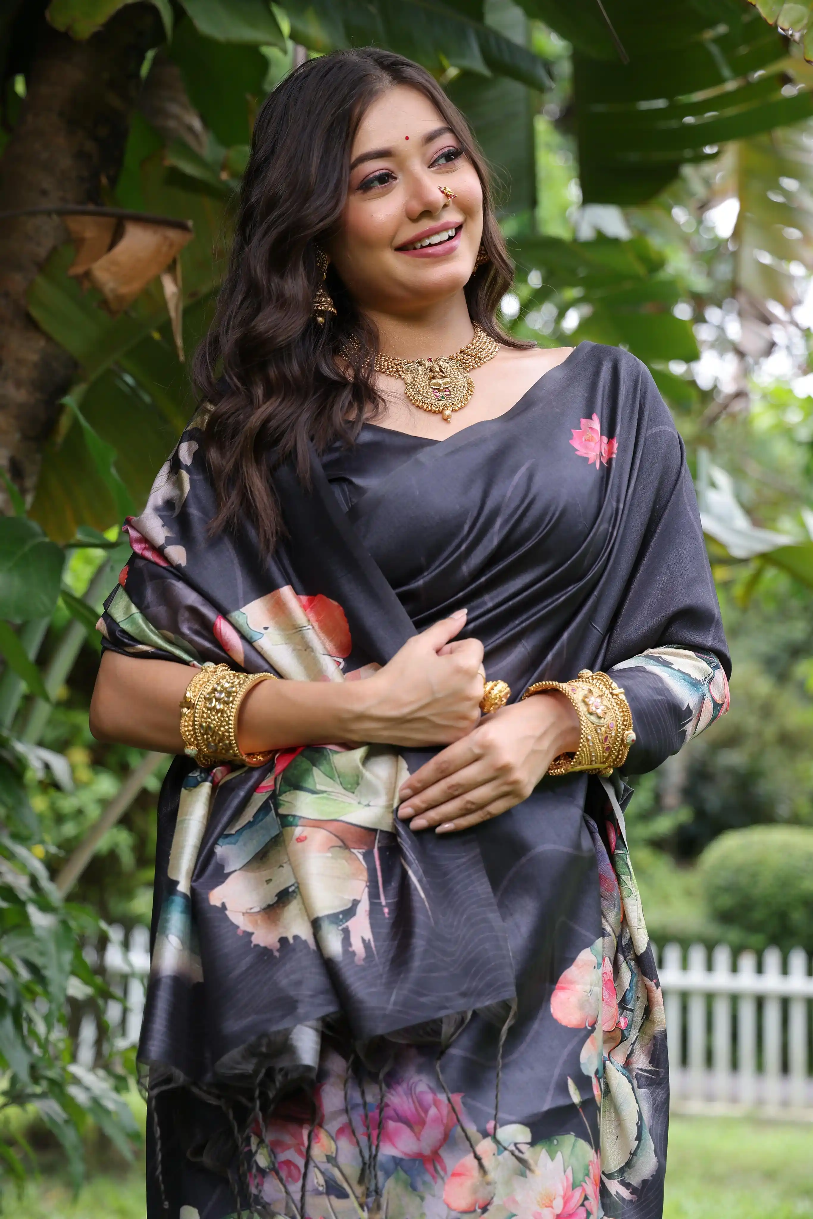 Soft Tussar Silk Saree withÂ LotusÂ Print - BLACK.png