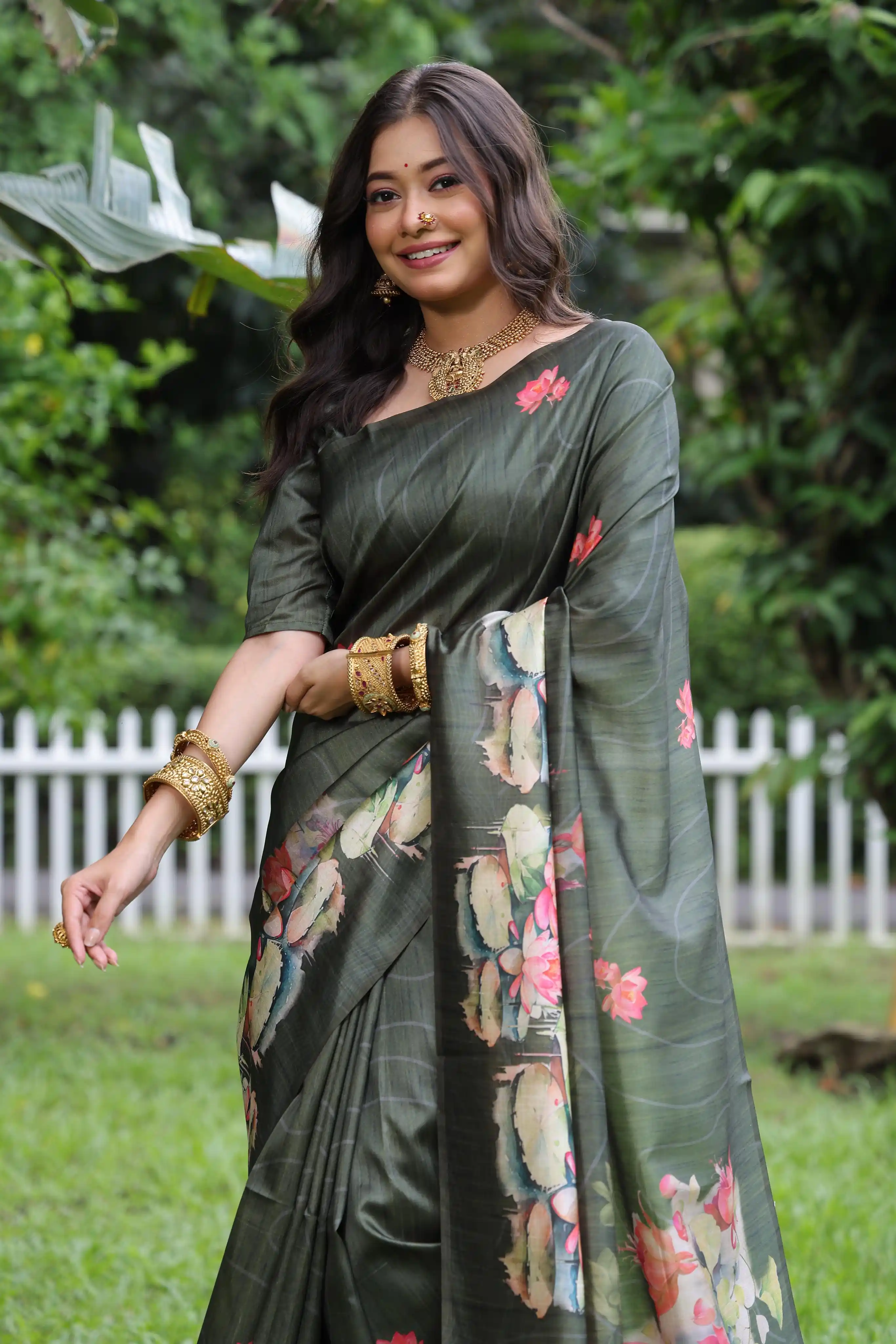 Soft Tussar Silk Saree withÂ LotusÂ Print - MEHNDI.png