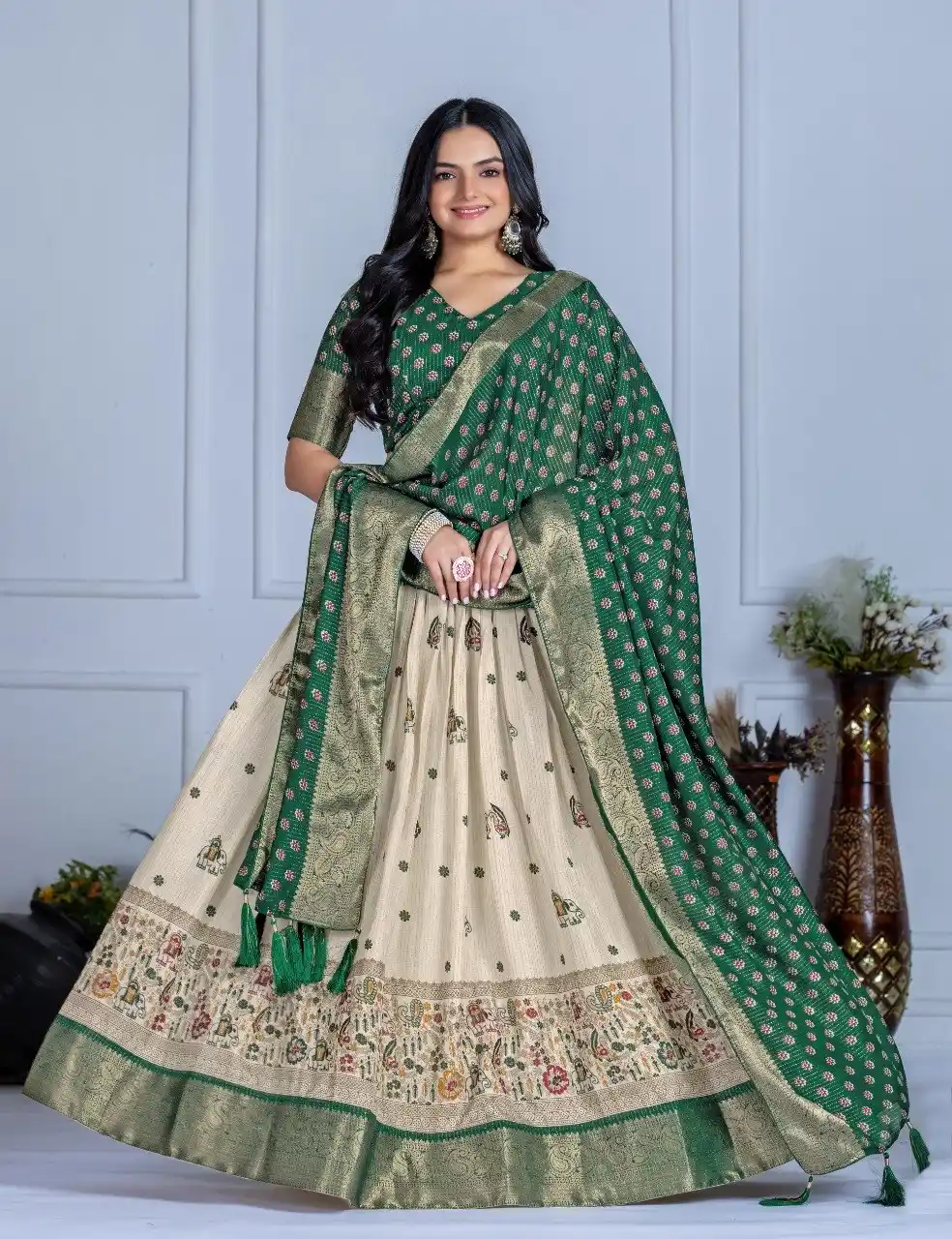 Green Heavy Lichi Fabric And Jacquard Silk Patola Print Lehenga Choli For Women.png