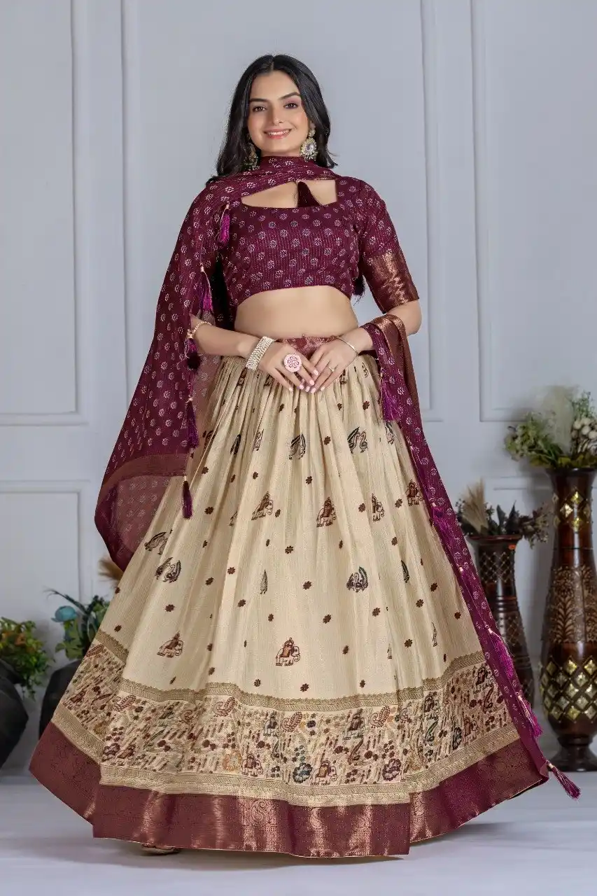 Cream And Purple Heavy Lichi Fabric And Jacquard Silk Patola Print Lehenga Choli For Women.png