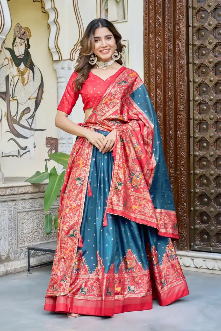Red And Blue Dolla Tusser Silk Foil Print Lehenga Choli For Women.png