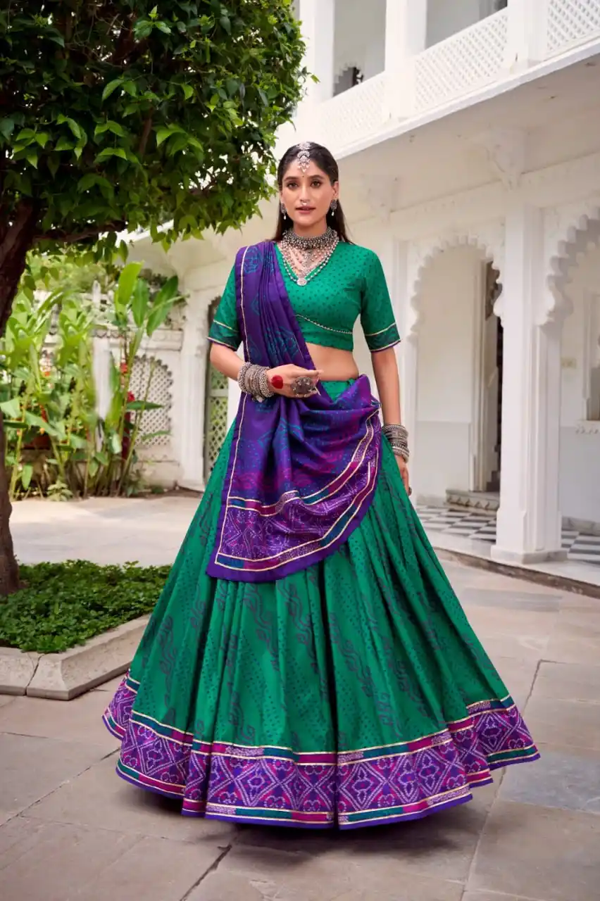 Green Dolla Tusser Silk Foil Print Lehenga Choli For Women.png