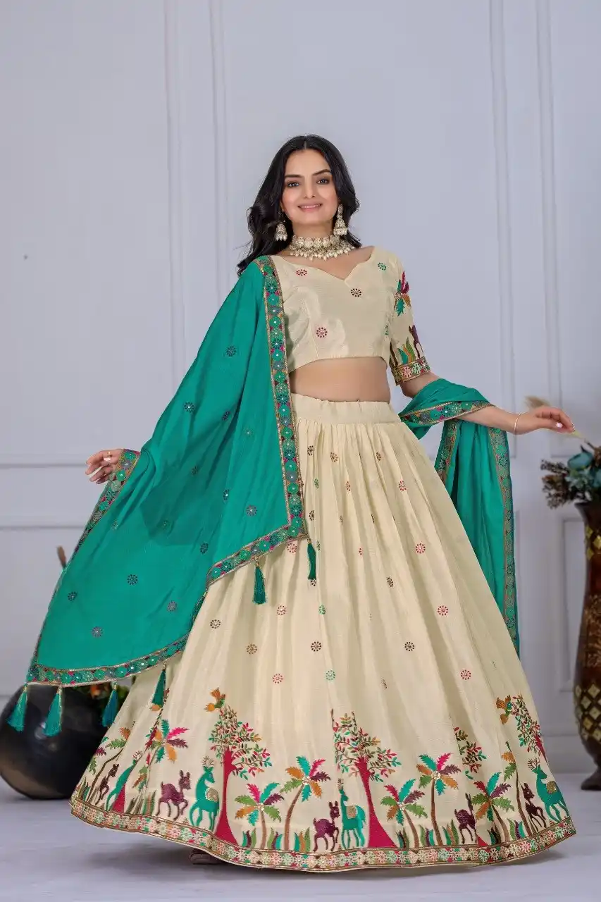 Cream And Teal Heavy Lichi Fabric And Jacquard Silk Patola Print Lehenga Choli For Women.png