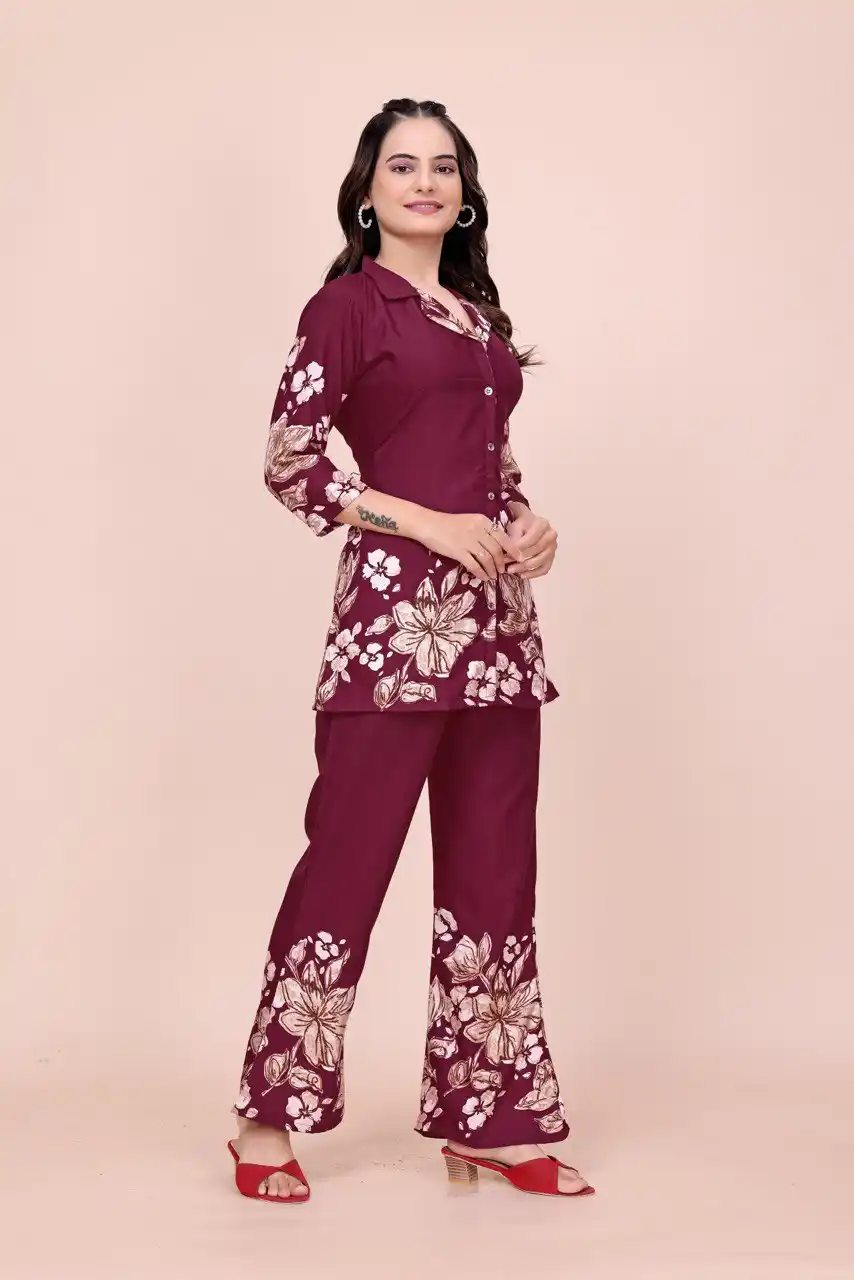 Women's Floral Print Co-ord Set, Burgundy Top and Palazzo Pants, 3/4 Sleeve.png