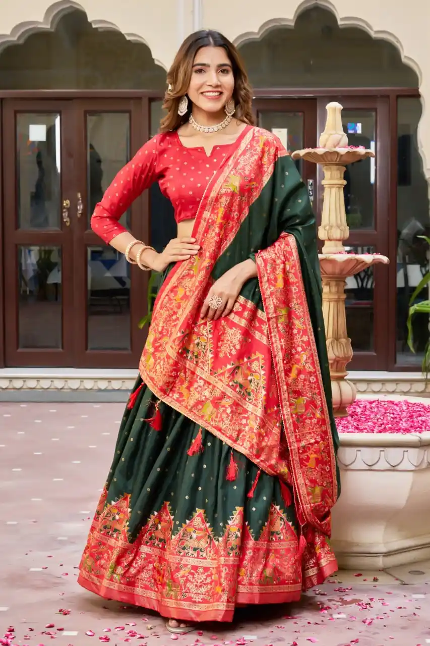 Green And Red Dolla Tusser Silk Foil Print Lehenga Choli For Women.png