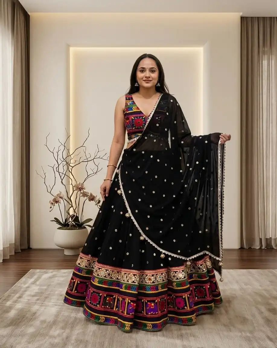 Black Heavy Lichi Fabric And Jacquard Silk Patola Print Lehenga Choli For Women.png