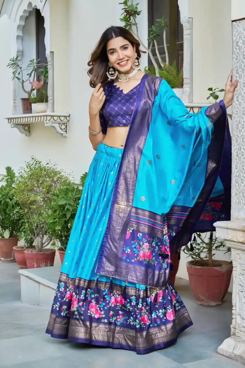 Blue Heavy Lichi Fabric And Jacquard Silk Patola Print Lehenga Choli For Women.png