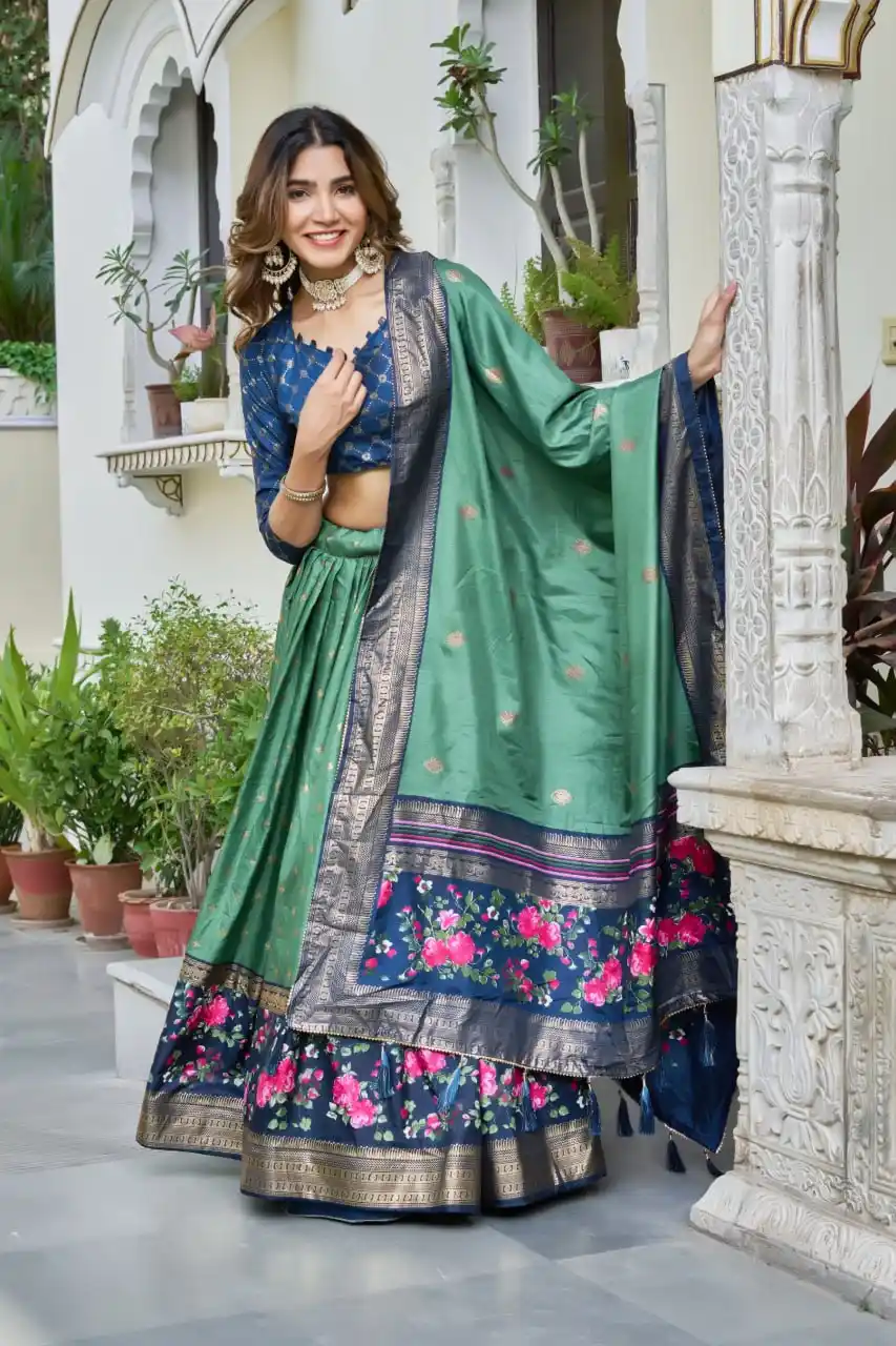 Green And Blue Heavy Lichi Fabric And Jacquard Silk Patola Print Lehenga Choli For Women.png
