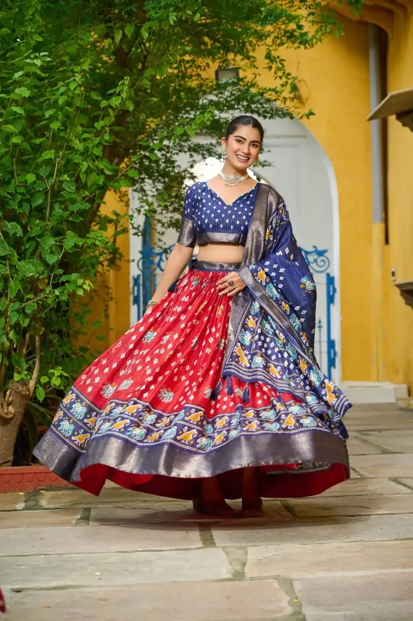 Red And Blue Heavy Lichi Fabric And Jacquard Silk Patola Print Lehenga Choli For Women.png