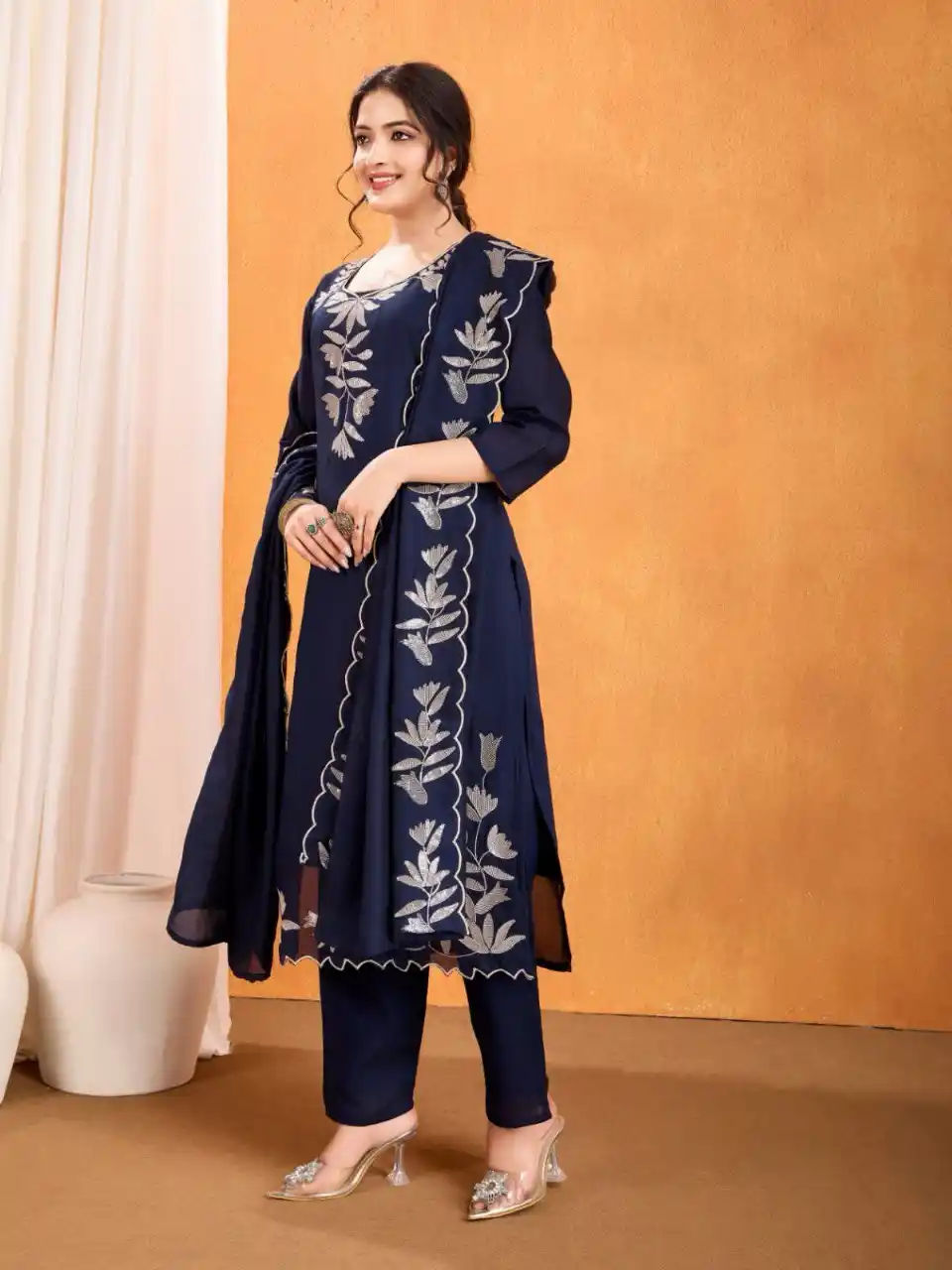 Cotton Salwar Suit Set, Round Neck, 3/4 Sleeve with Embroidery, Ankle Length.png