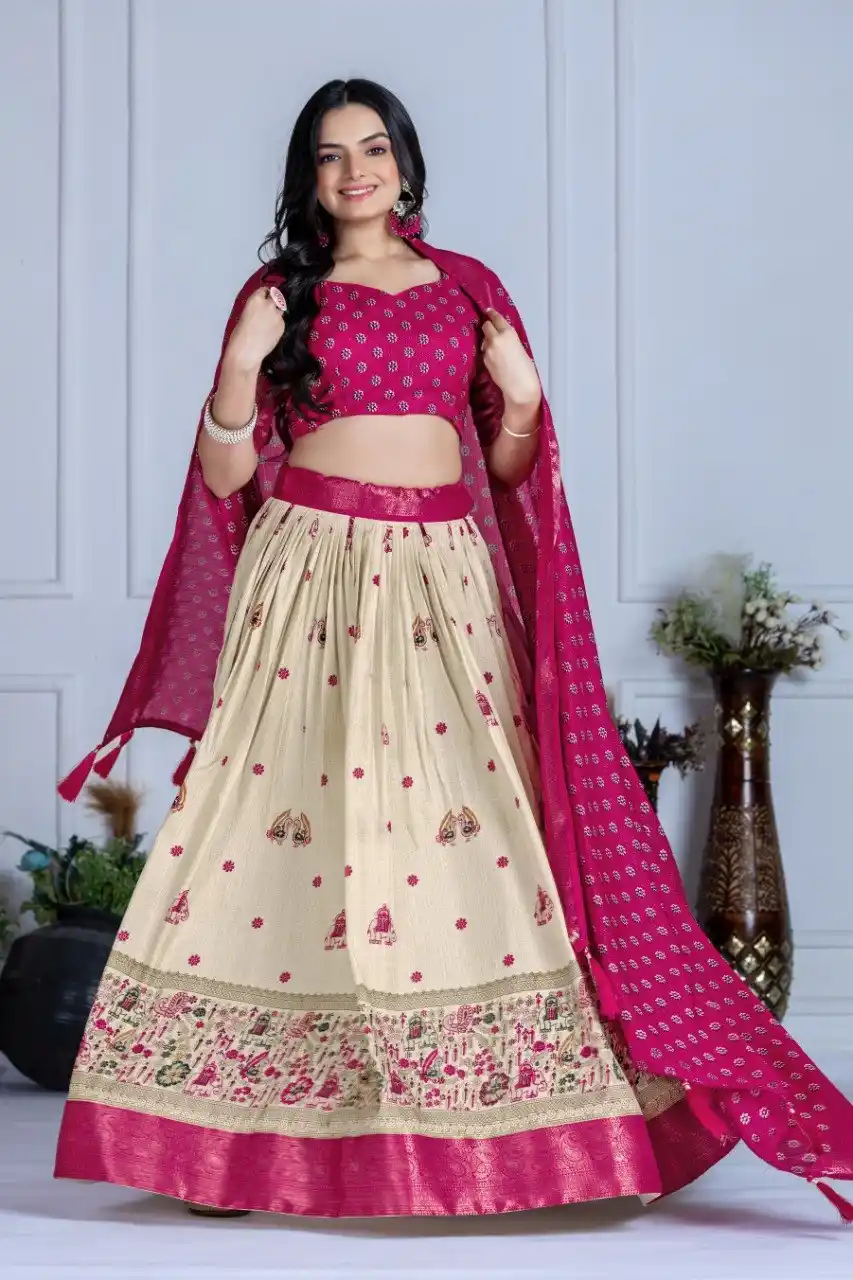 Cream And Pink Heavy Lichi Fabric And Jacquard Silk Patola Print Lehenga Choli For Women.png
