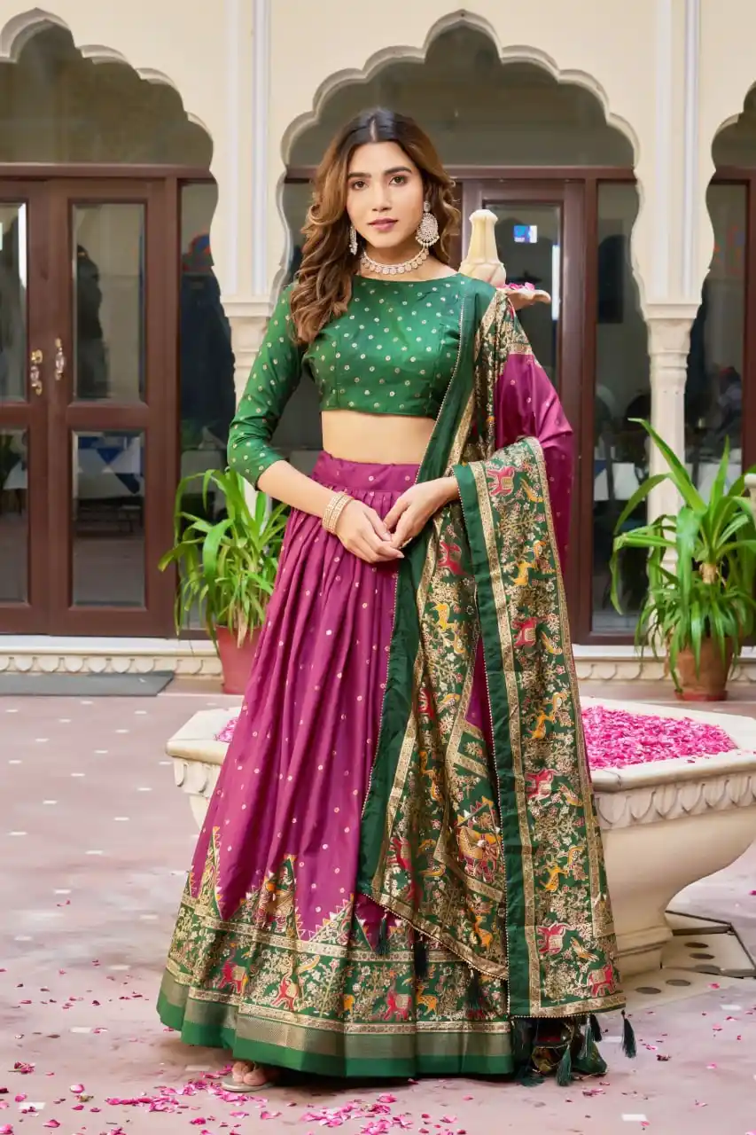 Green And Purple Dolla Tusser Silk Foil Print Lehenga Choli For Women.png