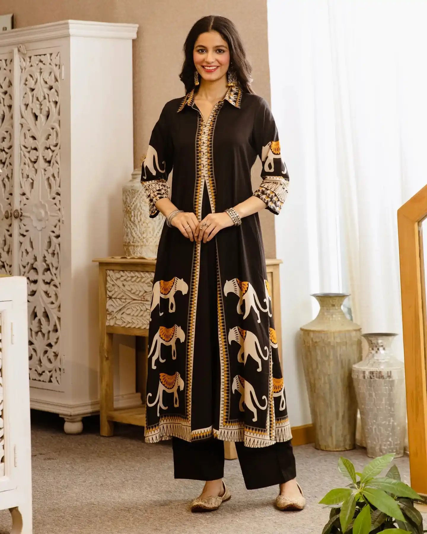 Black Tribal Bagh Beadwork A Line Cotton Kurta Set.png